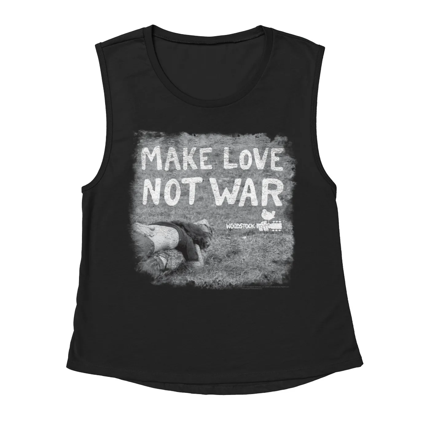 Woodstock Ladies' Muscle Tank Top | Make Love Not War Famous Image Distressed Woodstock Shirt