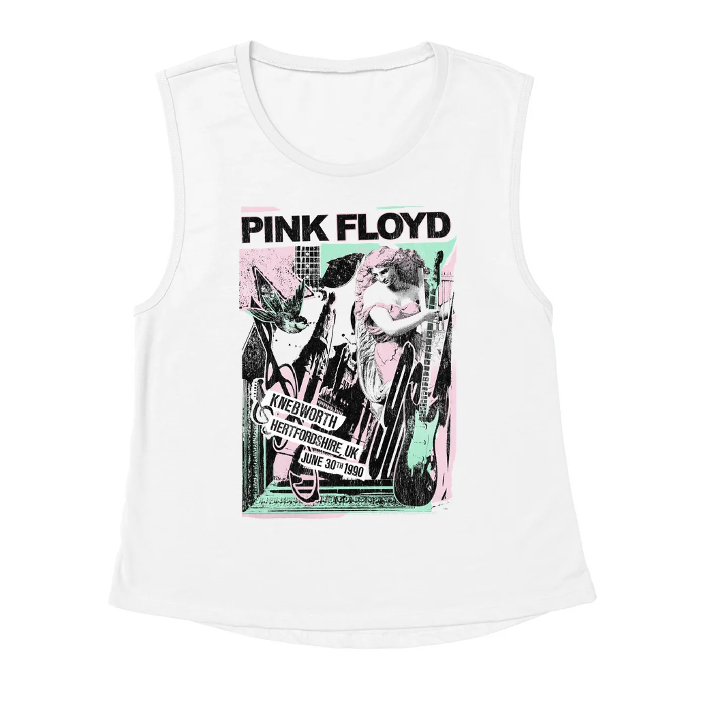 Pink Floyd Ladies' Muscle Tank Top | Live At Hertfordshire UK Pastel Collage Concert Poster Distressed Pink Floyd Shirt (Merchbar Exclusive)
