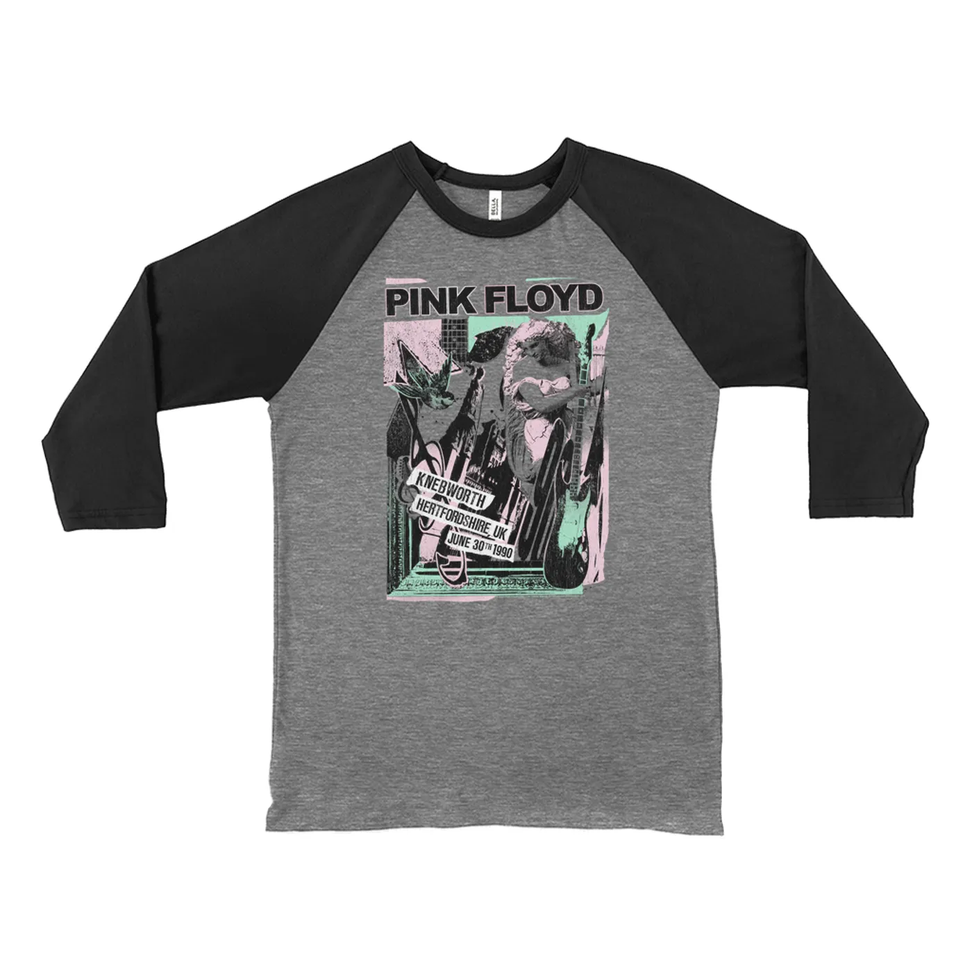 Pink Floyd 3/4 Sleeve Baseball Tee | Live At Hertfordshire UK Pastel Collage Concert Poster Distressed Pink Floyd Shirt (Merchbar Exclusive)