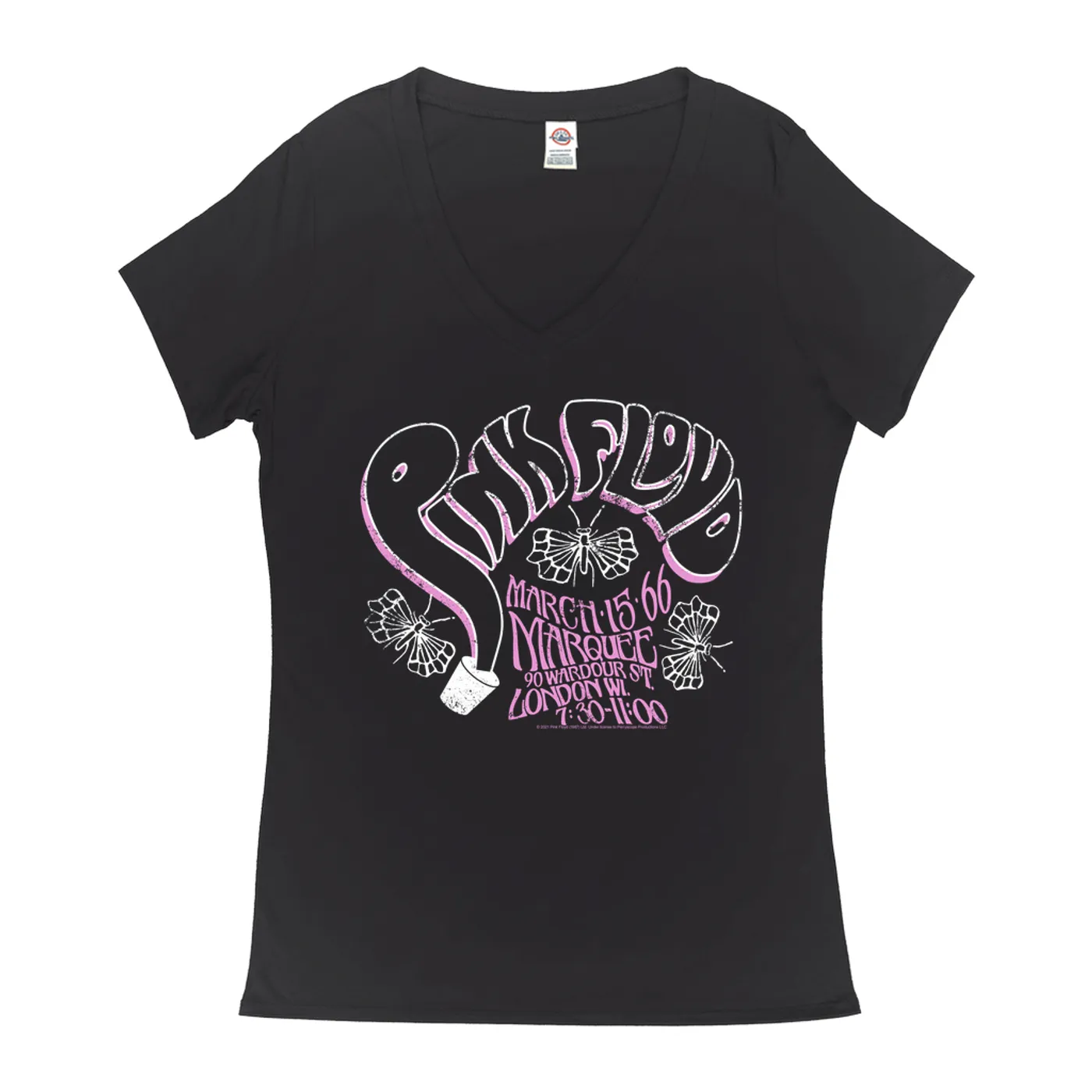 Pink Floyd Ladies' V-neck T-Shirt | Marquee 1966 Concert Flyer Logo Distressed Pink Floyd Shirt