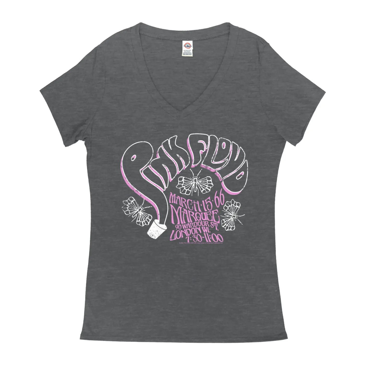 Pink Floyd Ladies' V-neck T-Shirt | Marquee 1966 Concert Flyer Logo Distressed Pink Floyd Shirt