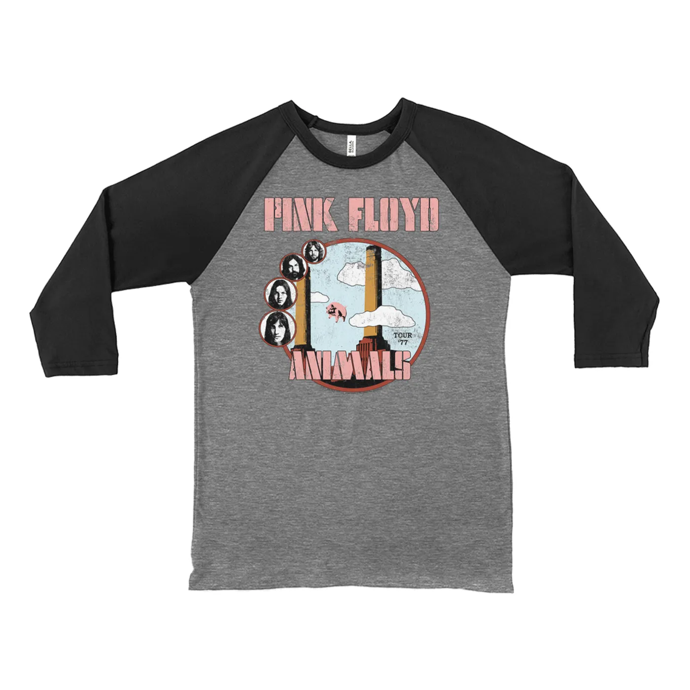 Pink Floyd 3/4 Sleeve Baseball Tee | Animals '77 Tour Pastel Design Distressed Pink Floyd Shirt
