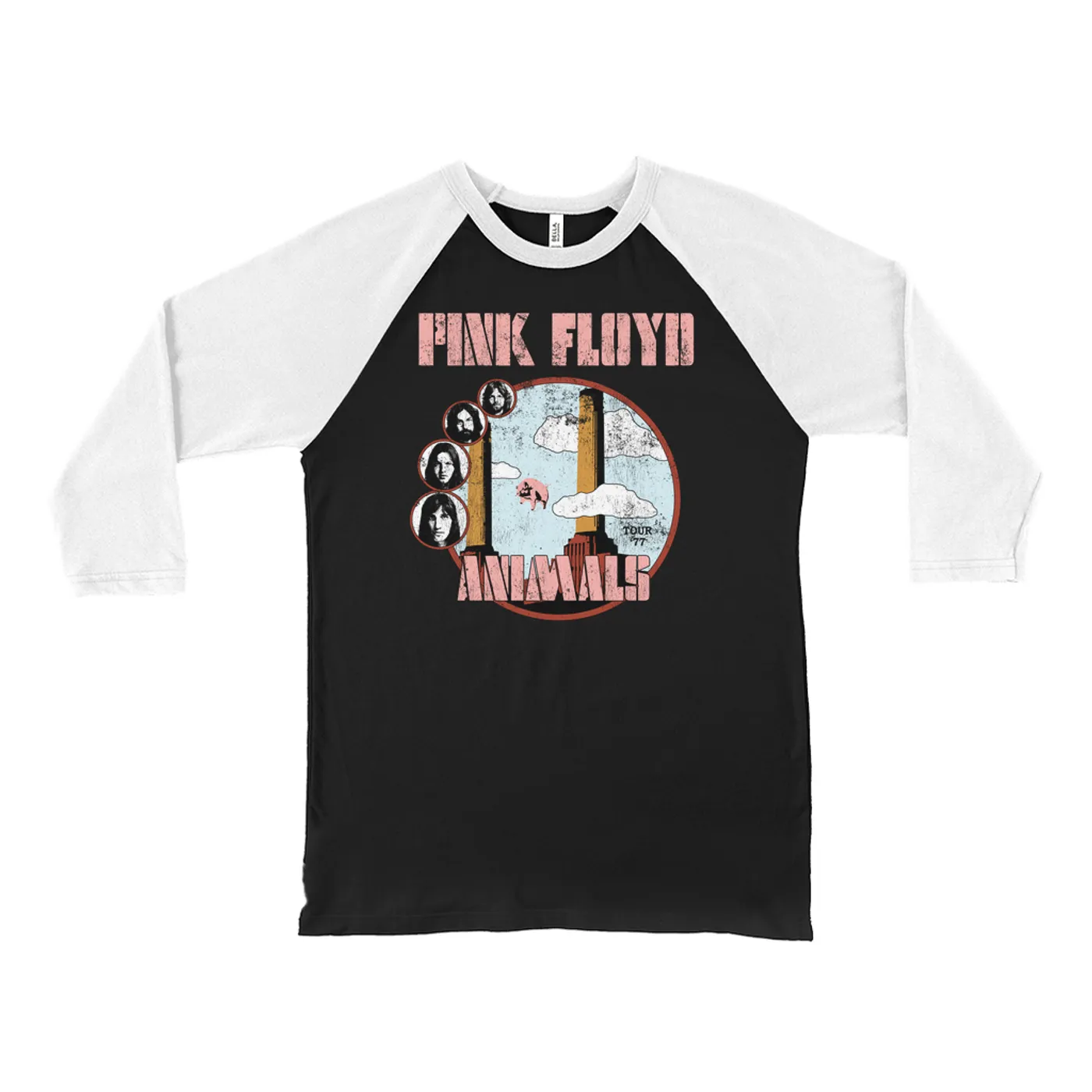 Pink Floyd 3/4 Sleeve Baseball Tee | Animals '77 Tour Pastel Design Distressed Pink Floyd Shirt