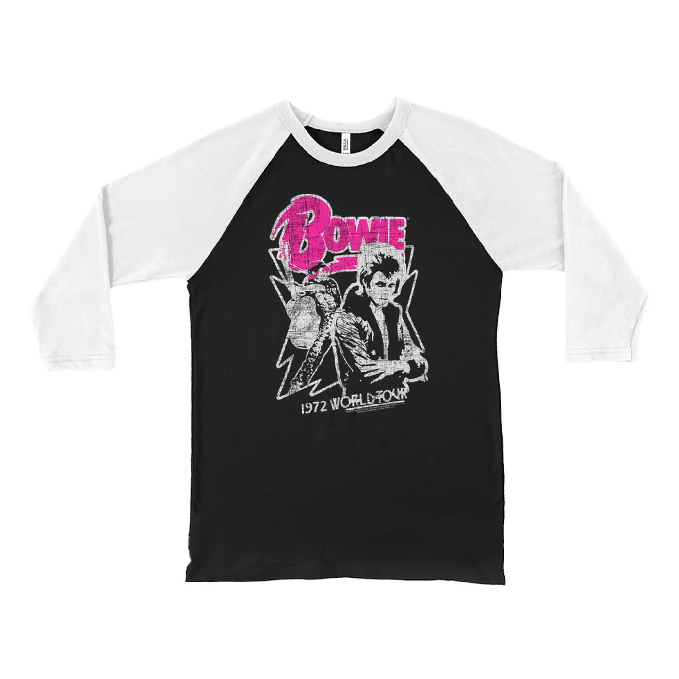 David Bowie 3/4 Sleeve Baseball Tee | Pink And Silver 1972 World Tour Distressed David Bowie Shirt (Merchbar Exclusive)