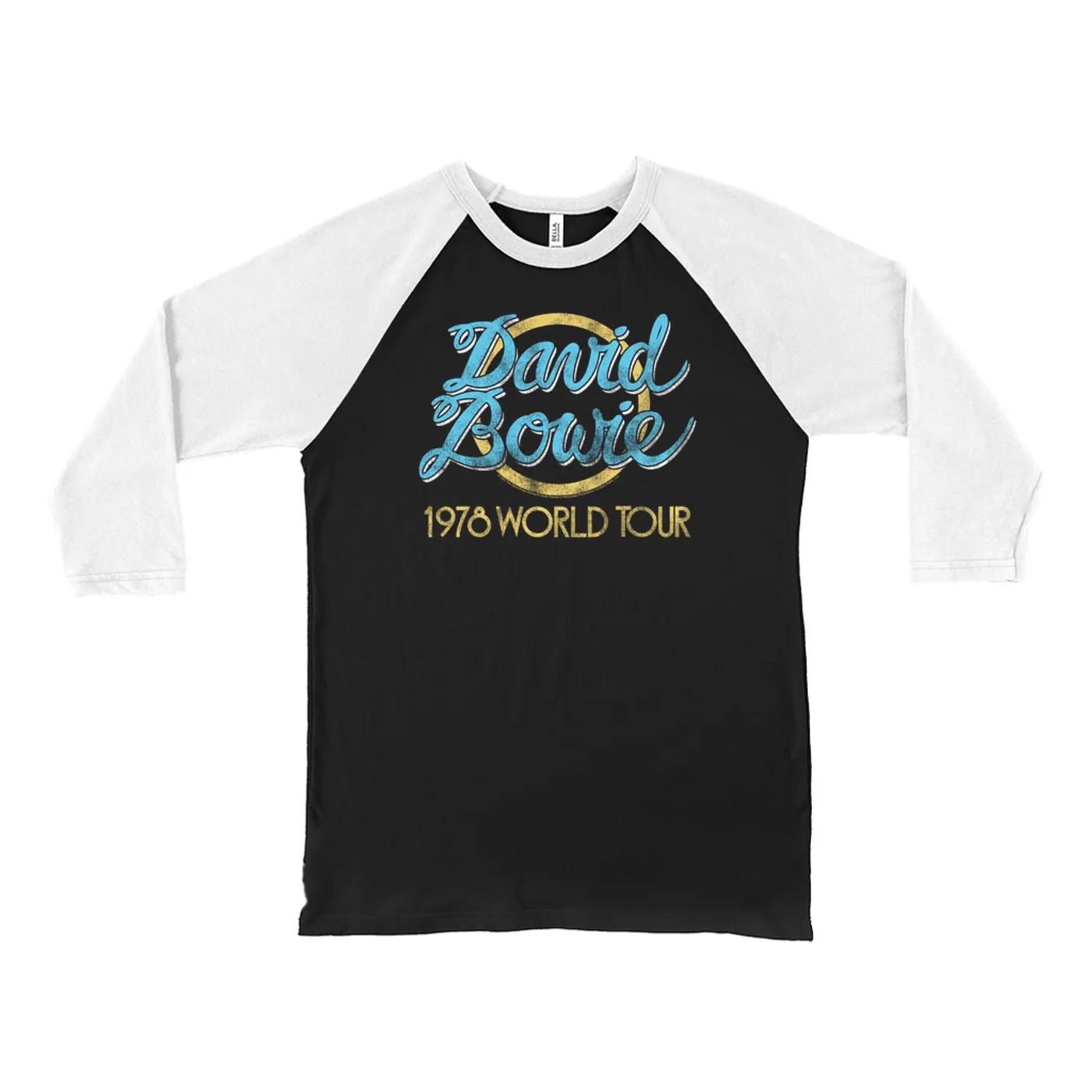 David Bowie 3/4 Sleeve Baseball Tee | Yellow 1978 World Tour Distressed David Bowie Shirt (Merchbar Exclusive)