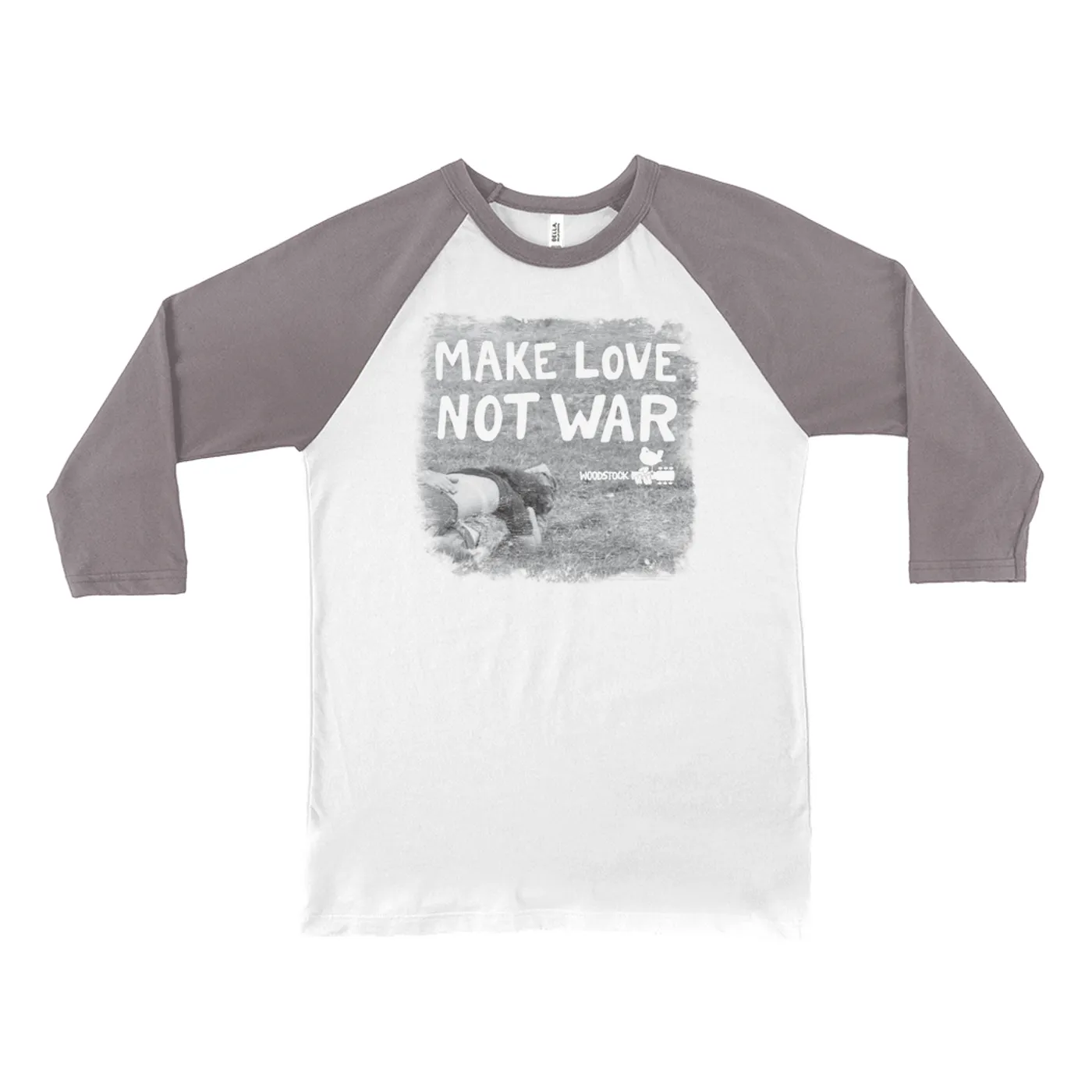 Woodstock 3/4 Sleeve Baseball Tee | Make Love Not War Famous Image Distressed Woodstock Shirt