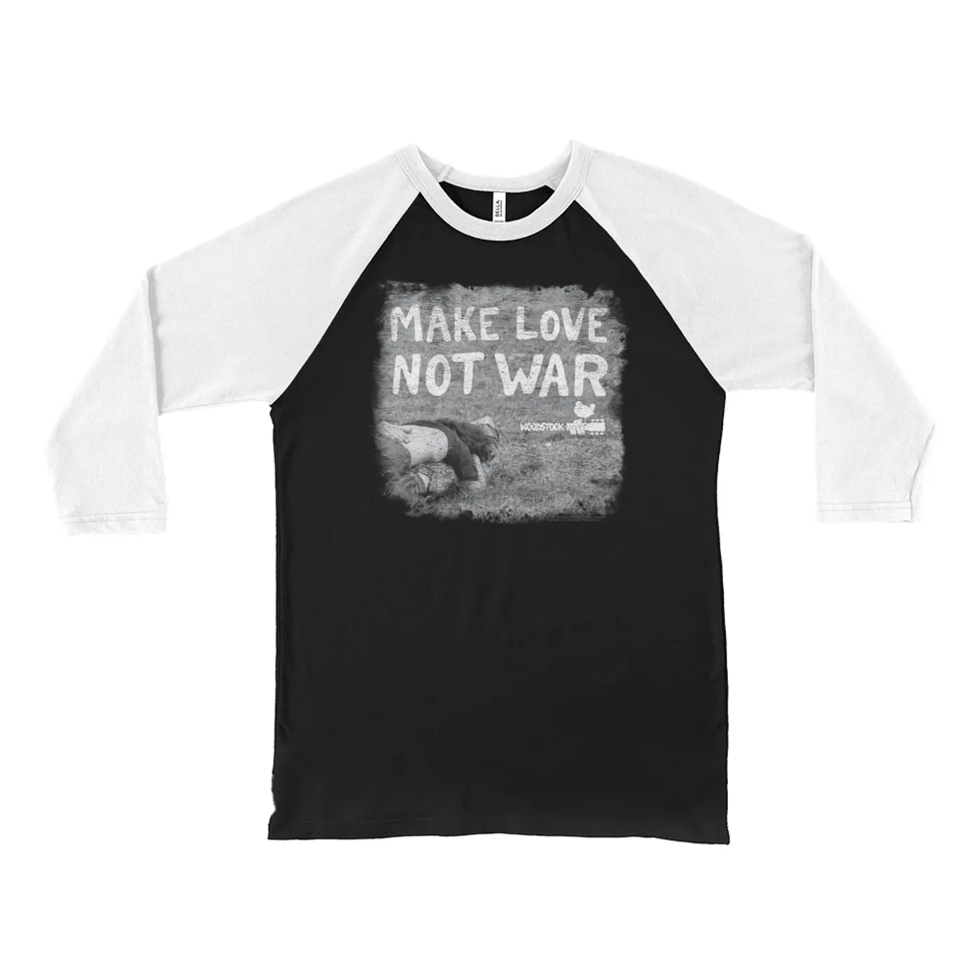 Woodstock 3/4 Sleeve Baseball Tee | Make Love Not War Famous Image Distressed Woodstock Shirt