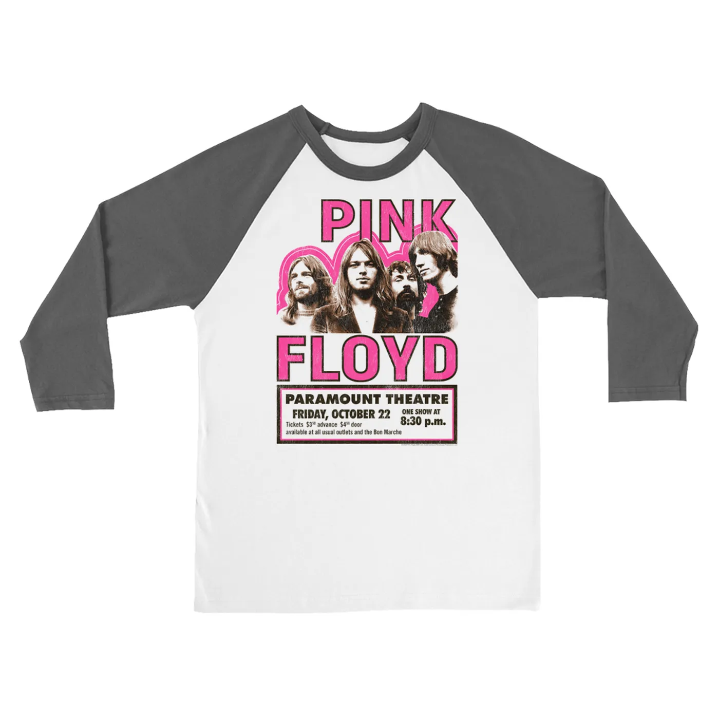 Pink Floyd 3/4 Sleeve Baseball Tee | Paramount Theater Concert Poster Image Pink Floyd Shirt