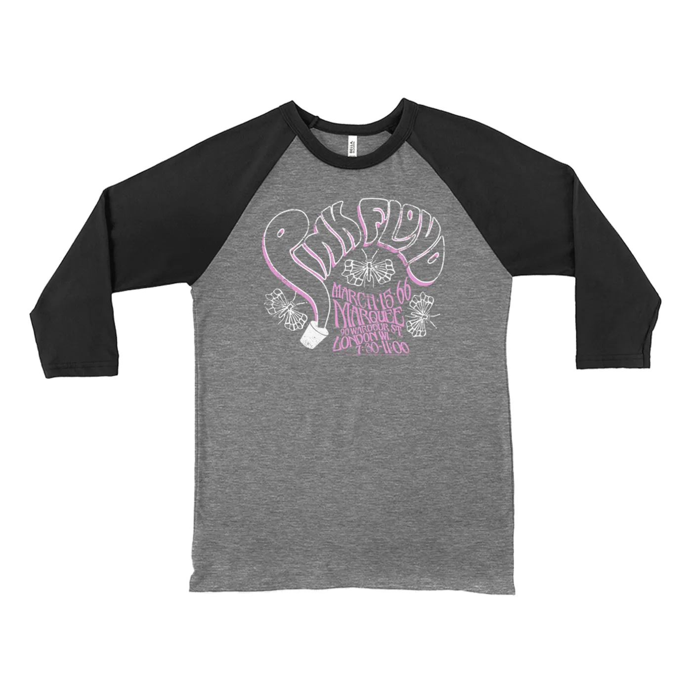 Pink Floyd 3/4 Sleeve Baseball Tee | Marquee 1966 Concert Flyer Logo Distressed Pink Floyd Shirt