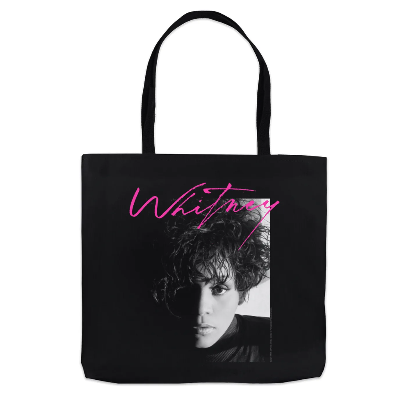 Whitney Houston Tote Bag | Dramatic Lighting Photo And Pink Signature Image Whitney Houston Bag