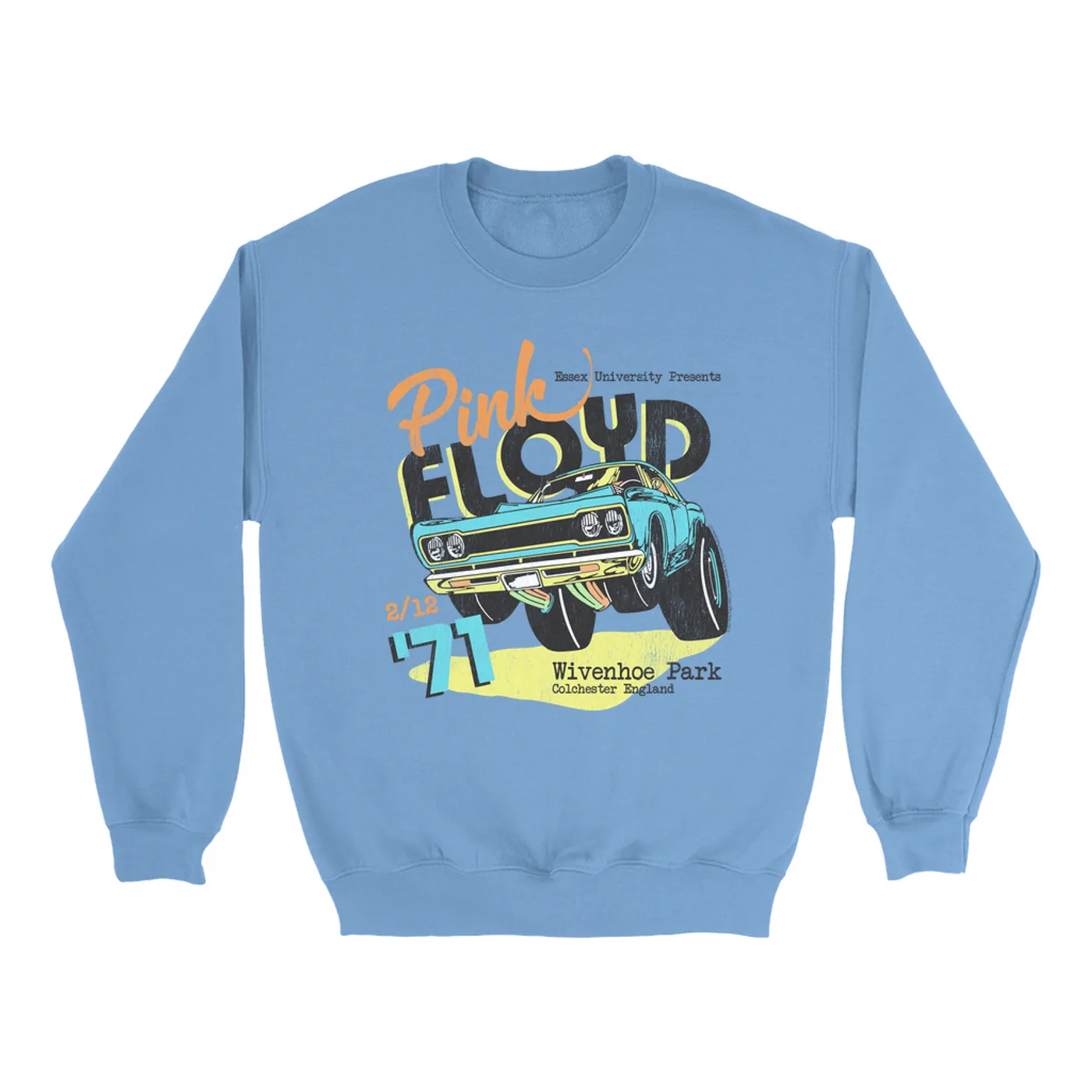 Pink Floyd Bright Colored Sweatshirt | Essex University Plymouth Roadrunner Concert Promotion Distressed Pink Floyd Sweatshirt (Merchbar Exclusive)