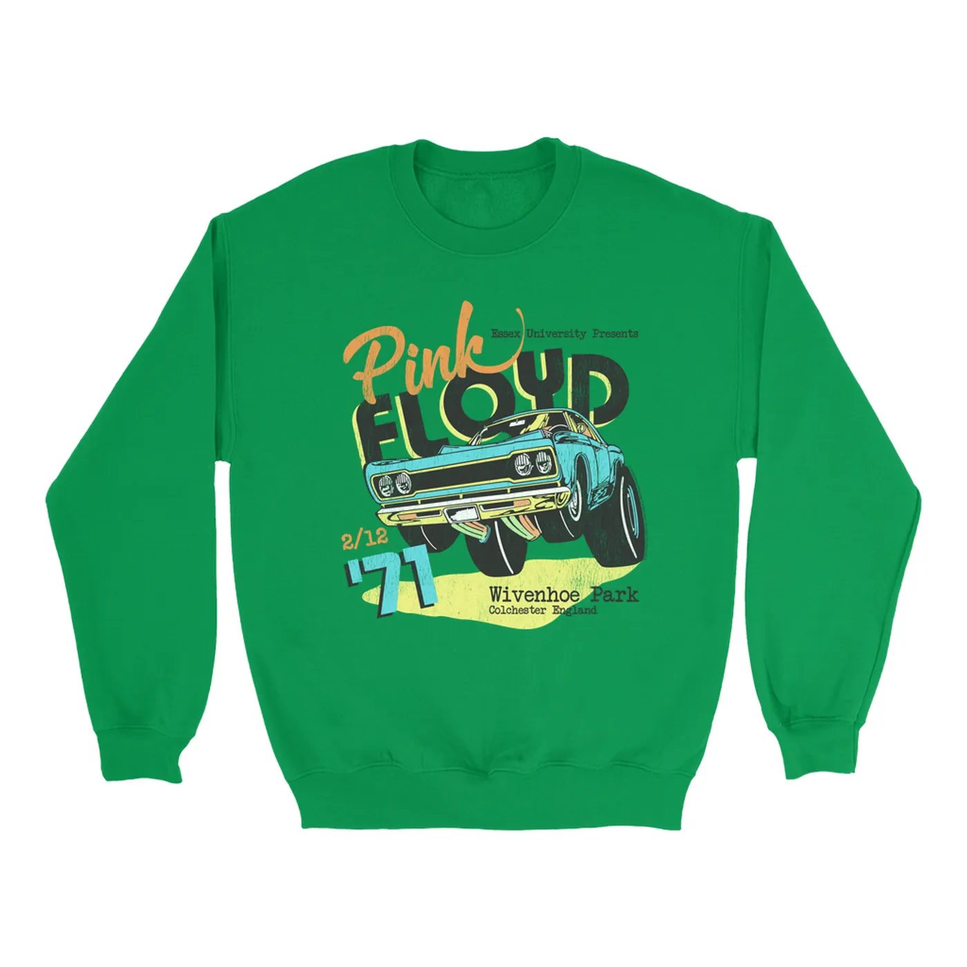 Pink Floyd Bright Colored Sweatshirt | Essex University Plymouth Roadrunner Concert Promotion Distressed Pink Floyd Sweatshirt (Merchbar Exclusive)