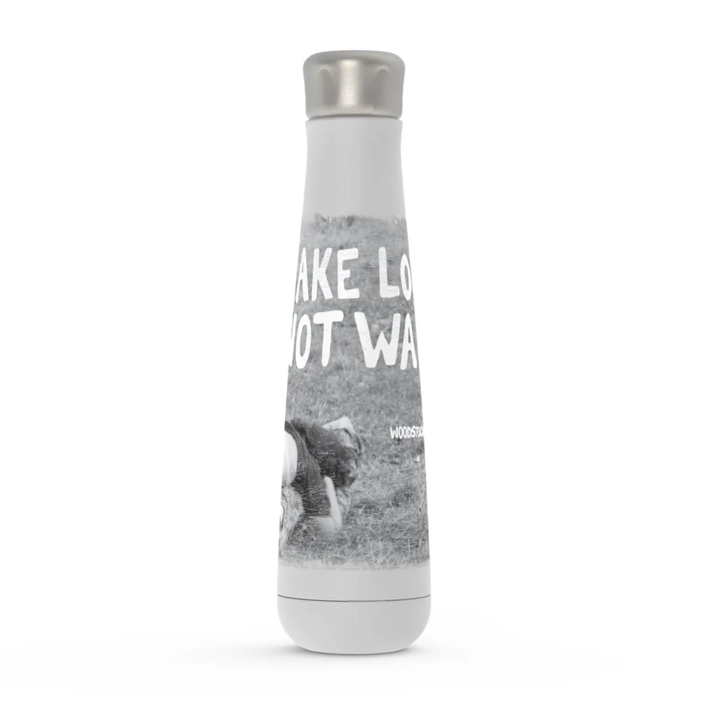 Woodstock Peristyle Water Bottle | Make Love Not War Famous Image Distressed Woodstock Water Bottle