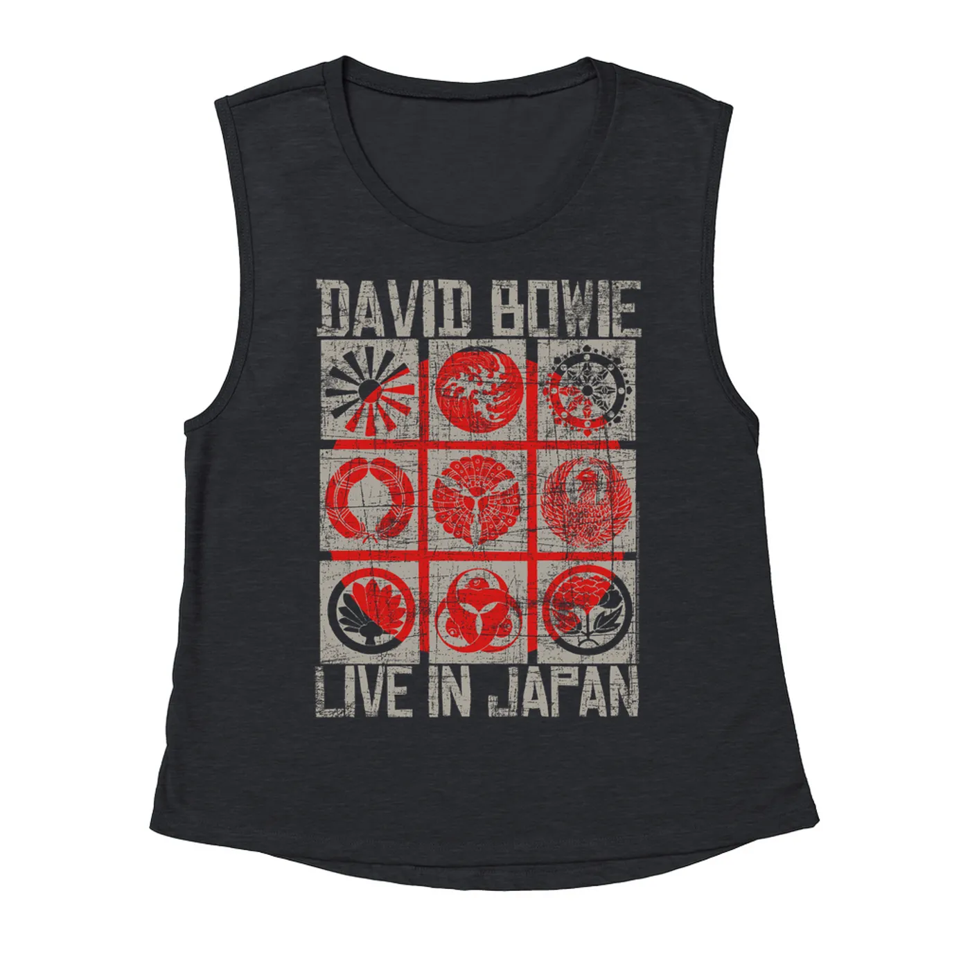 David Bowie Ladies' Muscle Tank Top | Reverse Live In Japan Design Distressed David Bowie Shirt