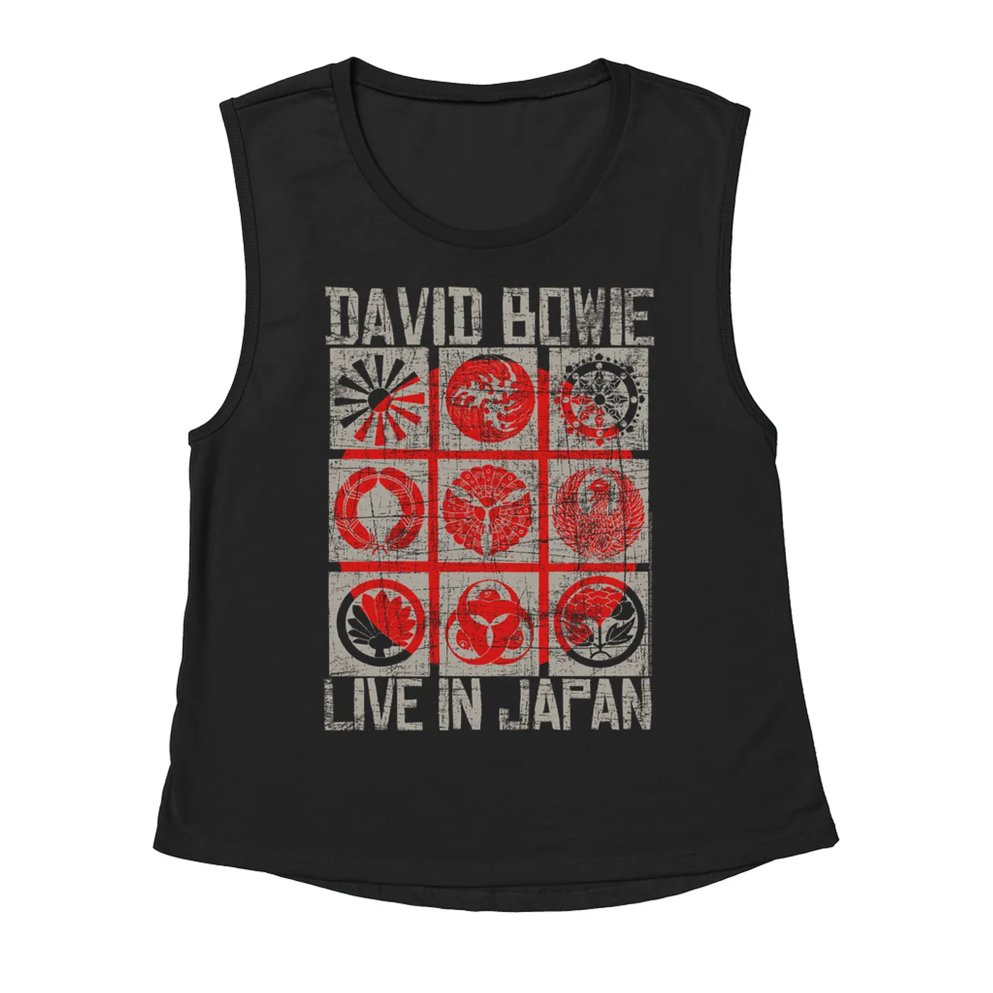 David Bowie Ladies' Muscle Tank Top | Reverse Live In Japan Design Distressed David Bowie Shirt