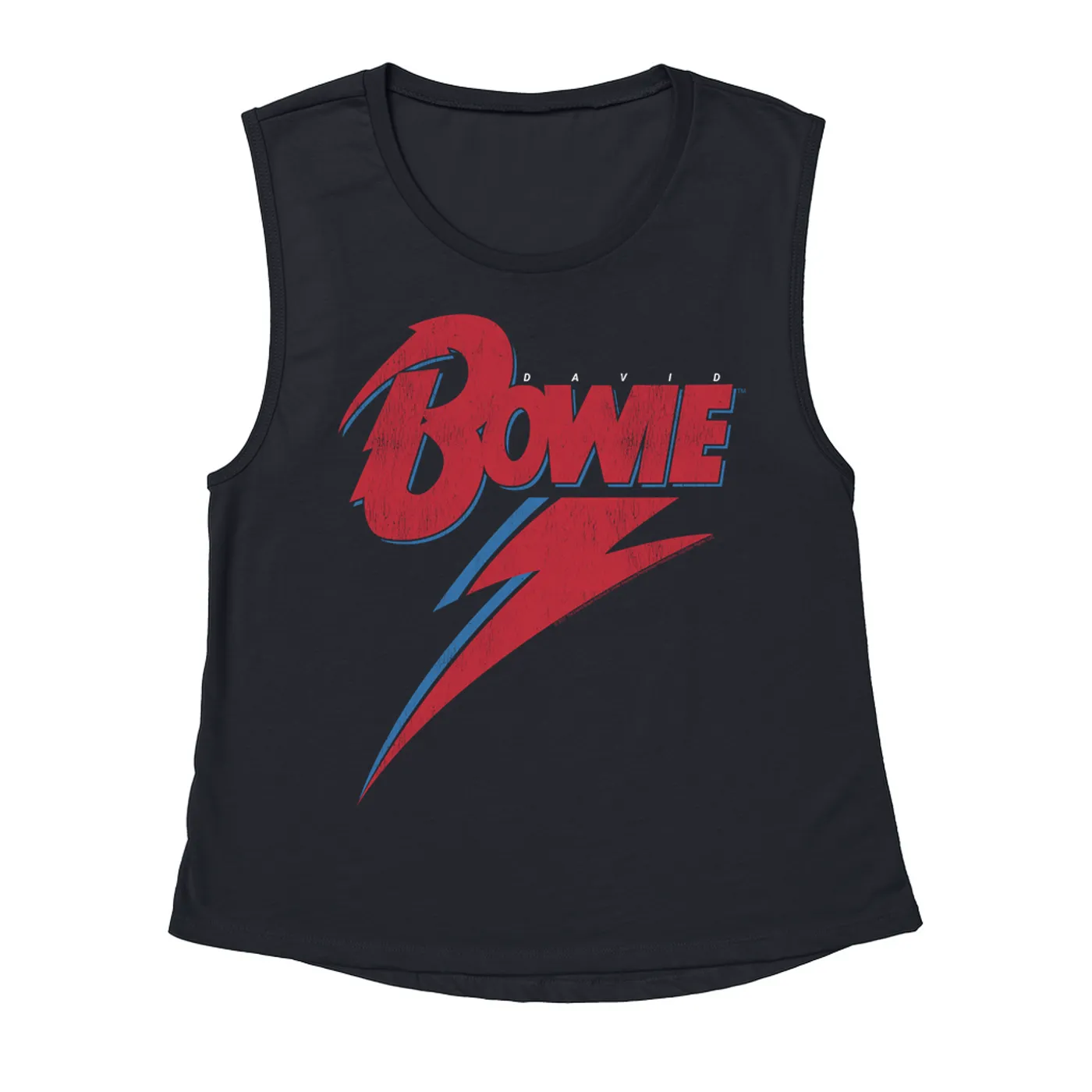 David Bowie Ladies' Muscle Tank Top | Contemporary Lightning Bolt Logo Distressed David Bowie Shirt