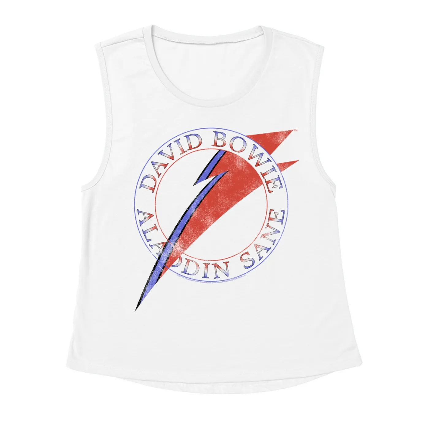 David Bowie Ladies' Muscle Tank Top | Red And Blue Aladdin Sane Logo Distressed David Bowie Shirt