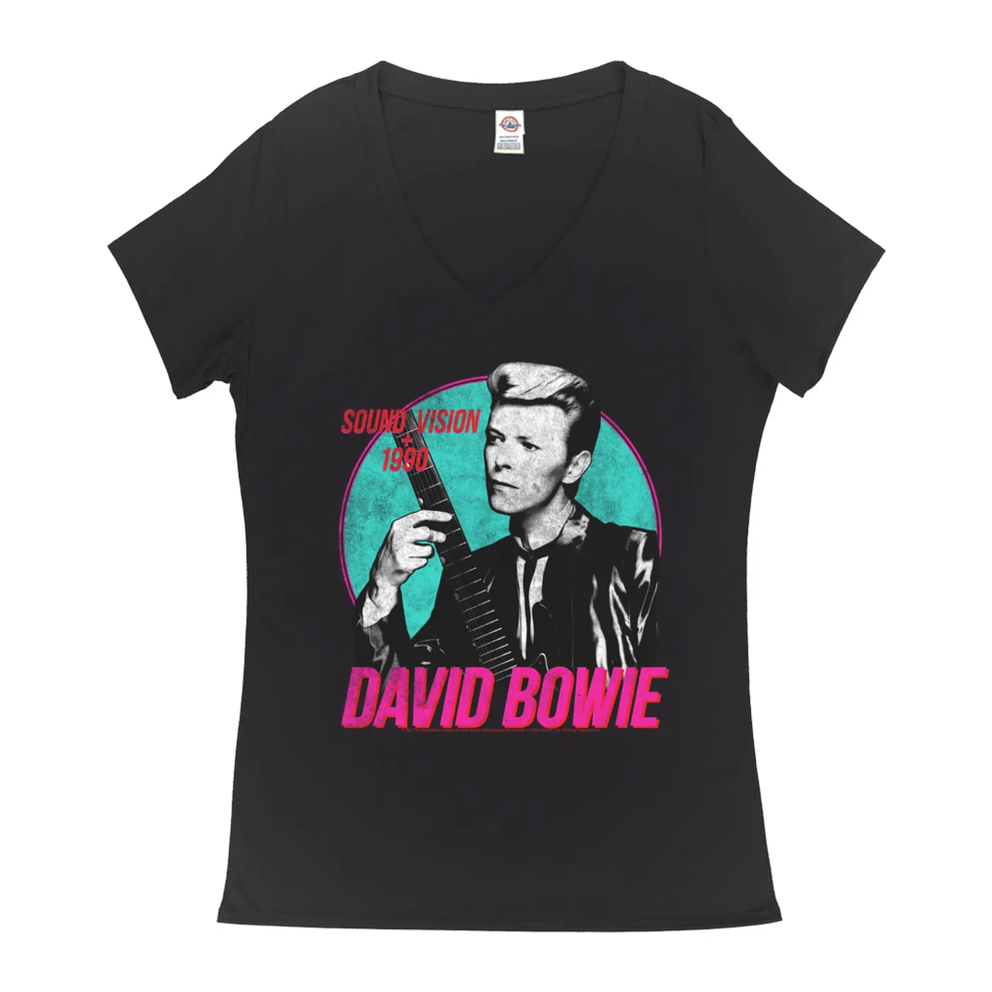 David Bowie Ladies' V-neck T-Shirt | Sound + Vision 1990 Powerful Pink Design Distressed David Bowie Shirt (Merchbar Exclusive)