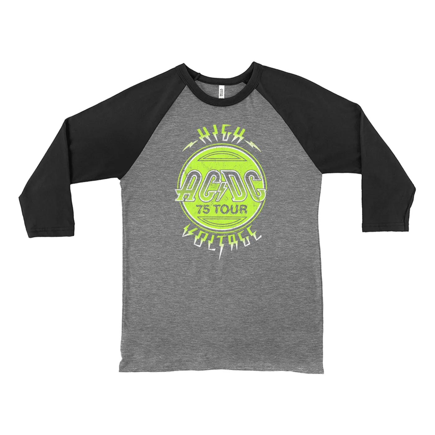 AC/DC 3/4 Sleeve Baseball Tee | Electric Green High Voltage Design ACDC Shirt (Merchbar Exclusive)