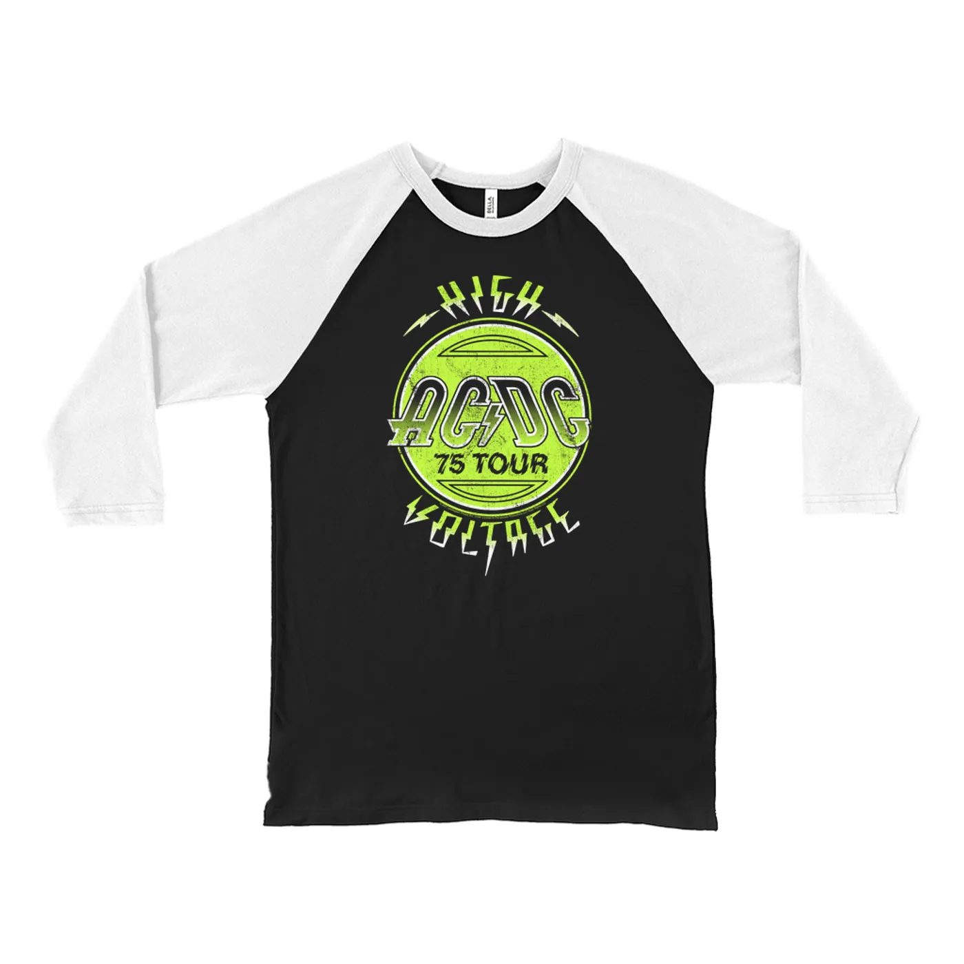 AC/DC 3/4 Sleeve Baseball Tee | Electric Green High Voltage Design ACDC Shirt (Merchbar Exclusive)