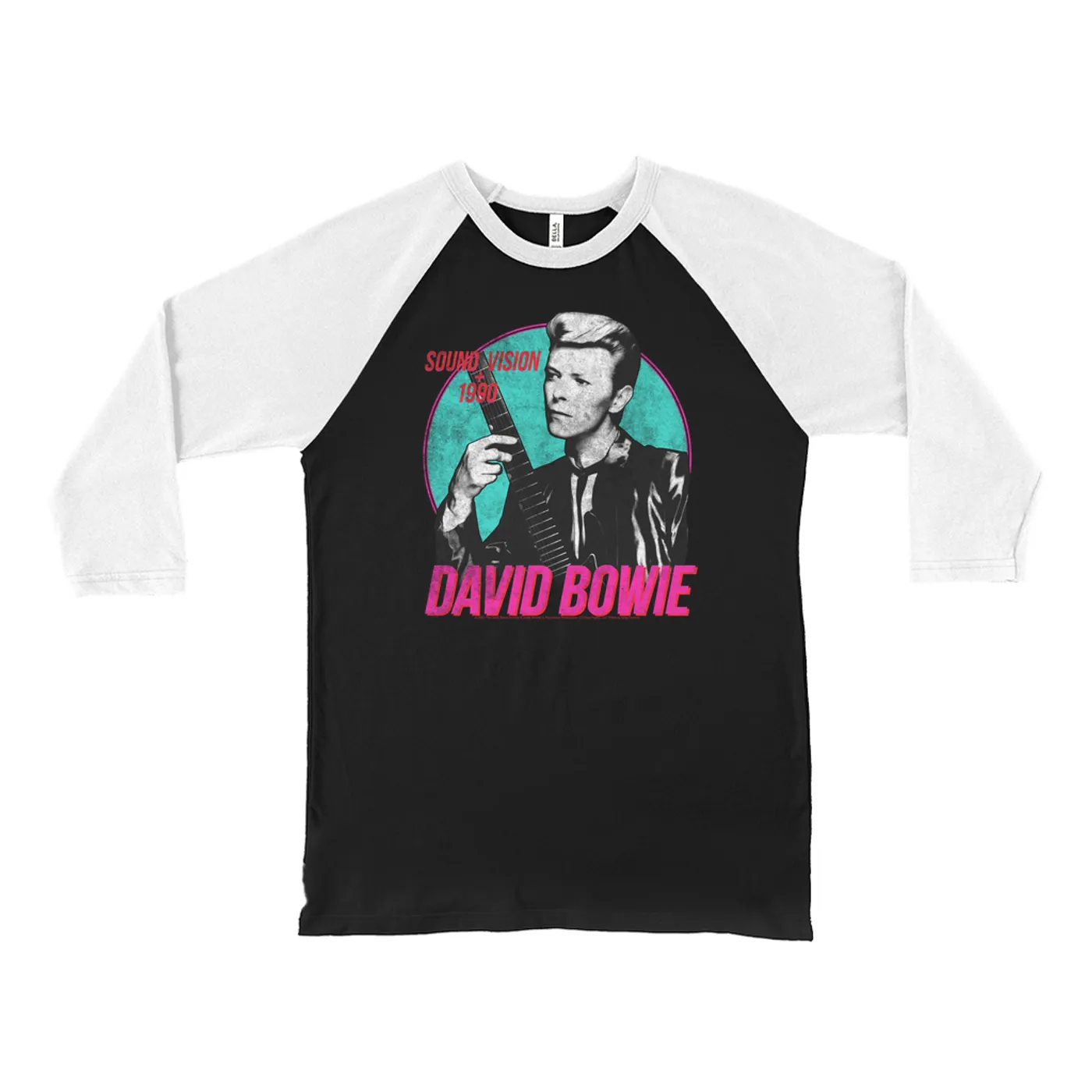 David Bowie 3/4 Sleeve Baseball Tee | Sound + Vision 1990 Powerful Pink Design Distressed David Bowie Shirt (Merchbar Exclusive)