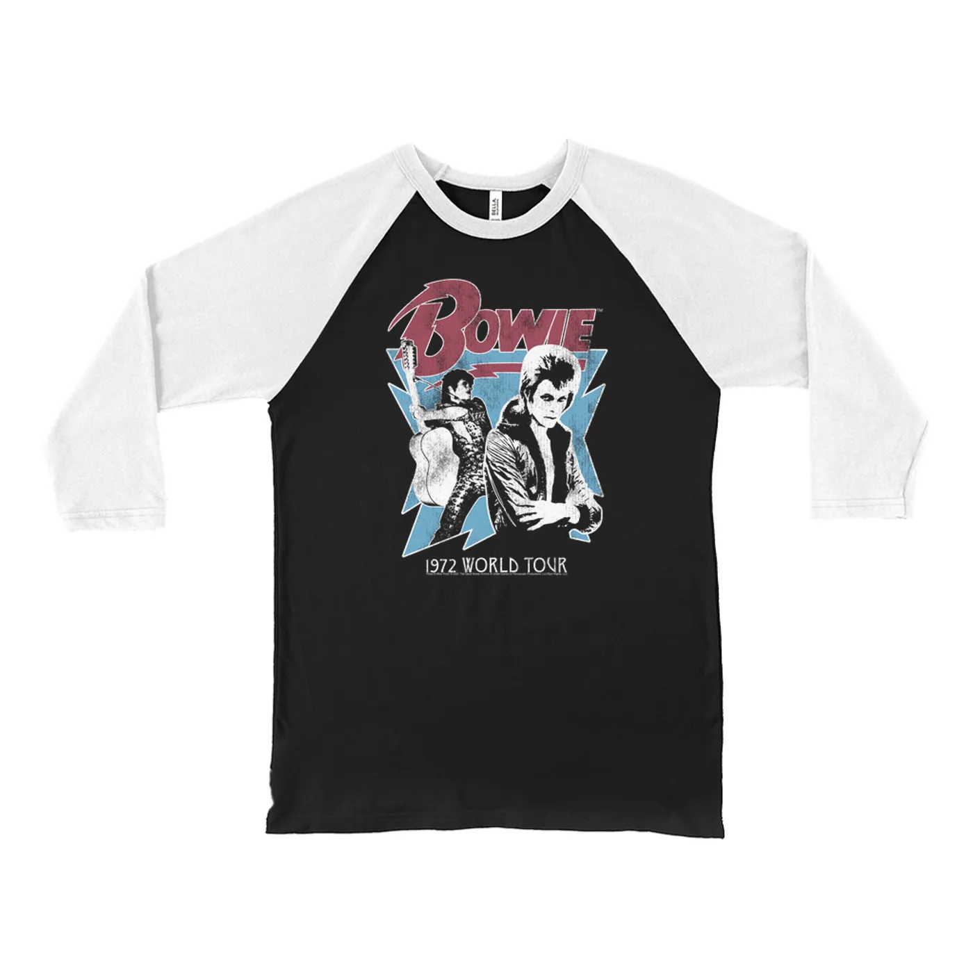 David Bowie 3/4 Sleeve Baseball Tee | 1972 World Tour Blue Design Distressed David Bowie Shirt