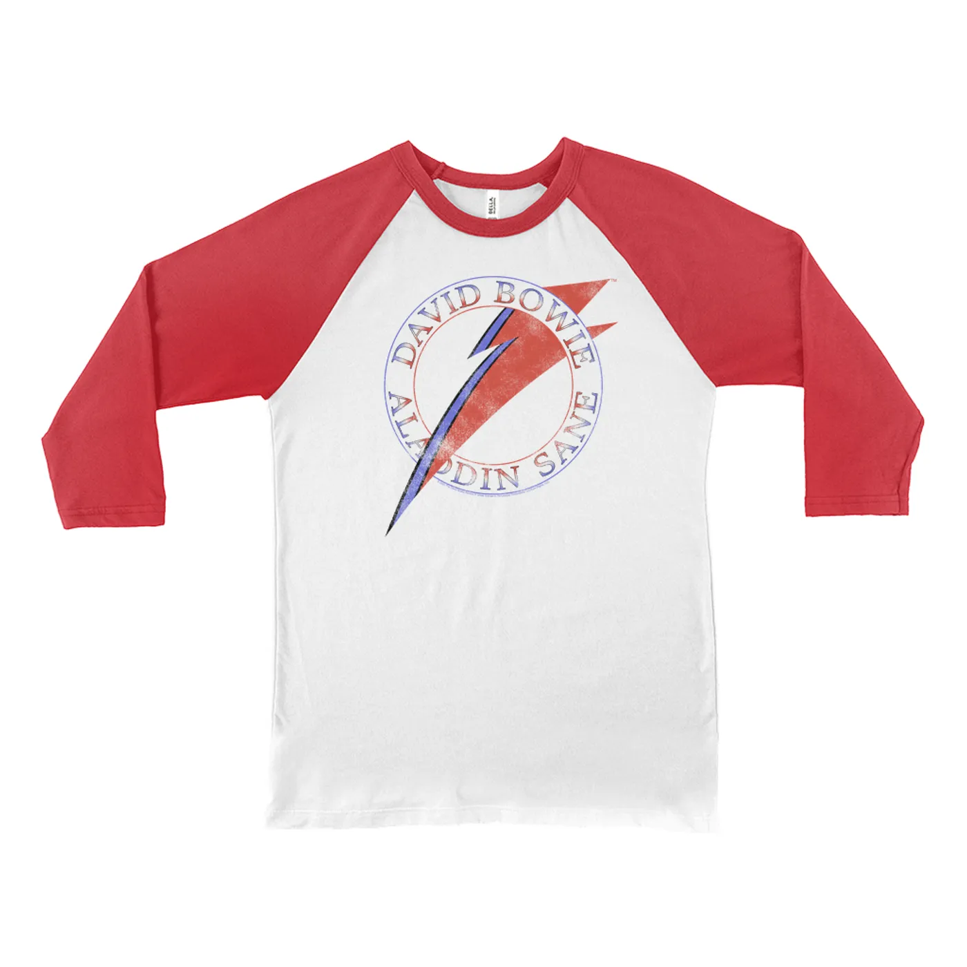 David Bowie 3/4 Sleeve Baseball Tee | Red And Blue Aladdin Sane Logo Distressed David Bowie Shirt