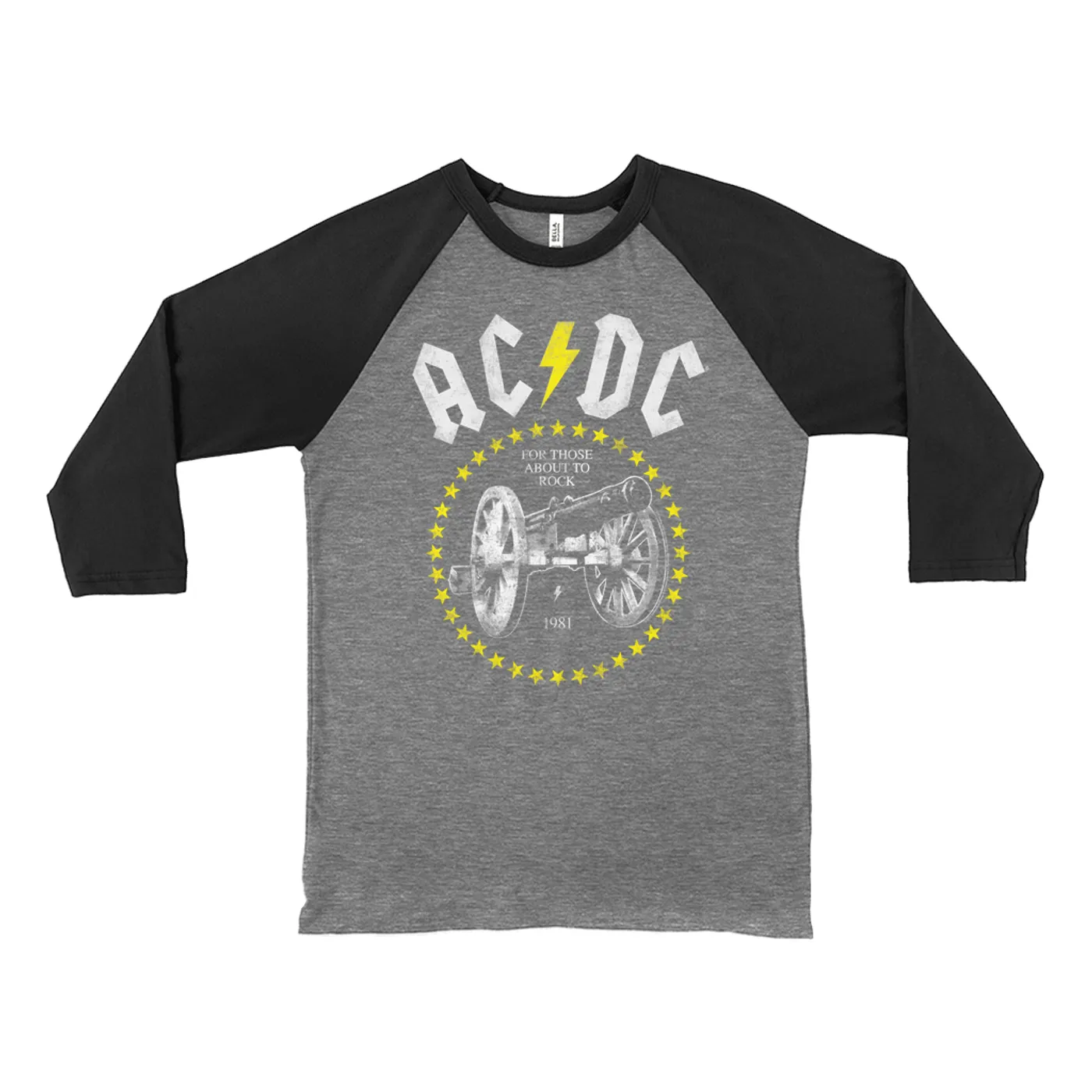 AC/DC 3/4 Sleeve Baseball Tee | 1981 For Those About To Rock Yellow Design Distressed ACDC Shirt (Merchbar Exclusive)