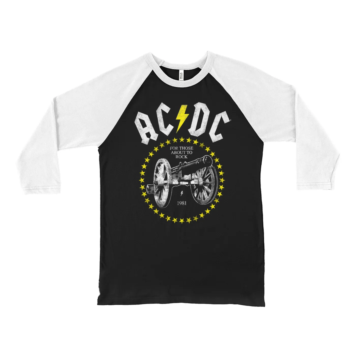 AC/DC 3/4 Sleeve Baseball Tee | 1981 For Those About To Rock Yellow Design Distressed ACDC Shirt (Merchbar Exclusive)