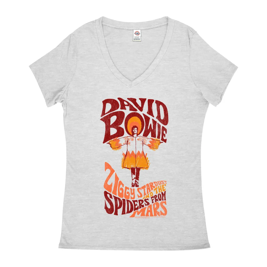 Ladies' V-neck T-Shirt | Retro Orange Ziggy Stardust And The Spiders From Mars Distressed (Equineop Exclusive) Shirt
