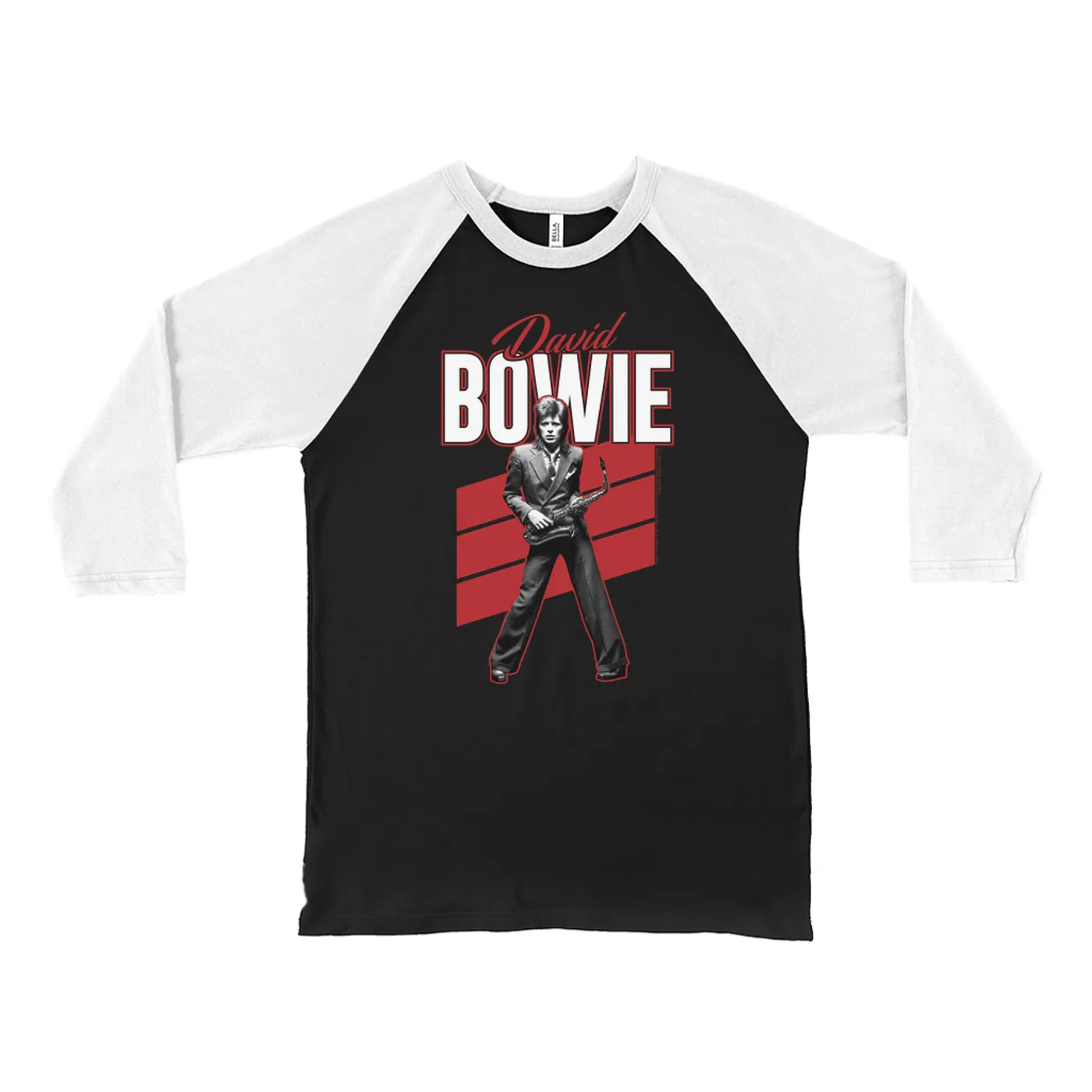 David Bowie 3/4 Sleeve Baseball Tee | Red Bowie WIth Sax Contemporary Image David Bowie Shirt
