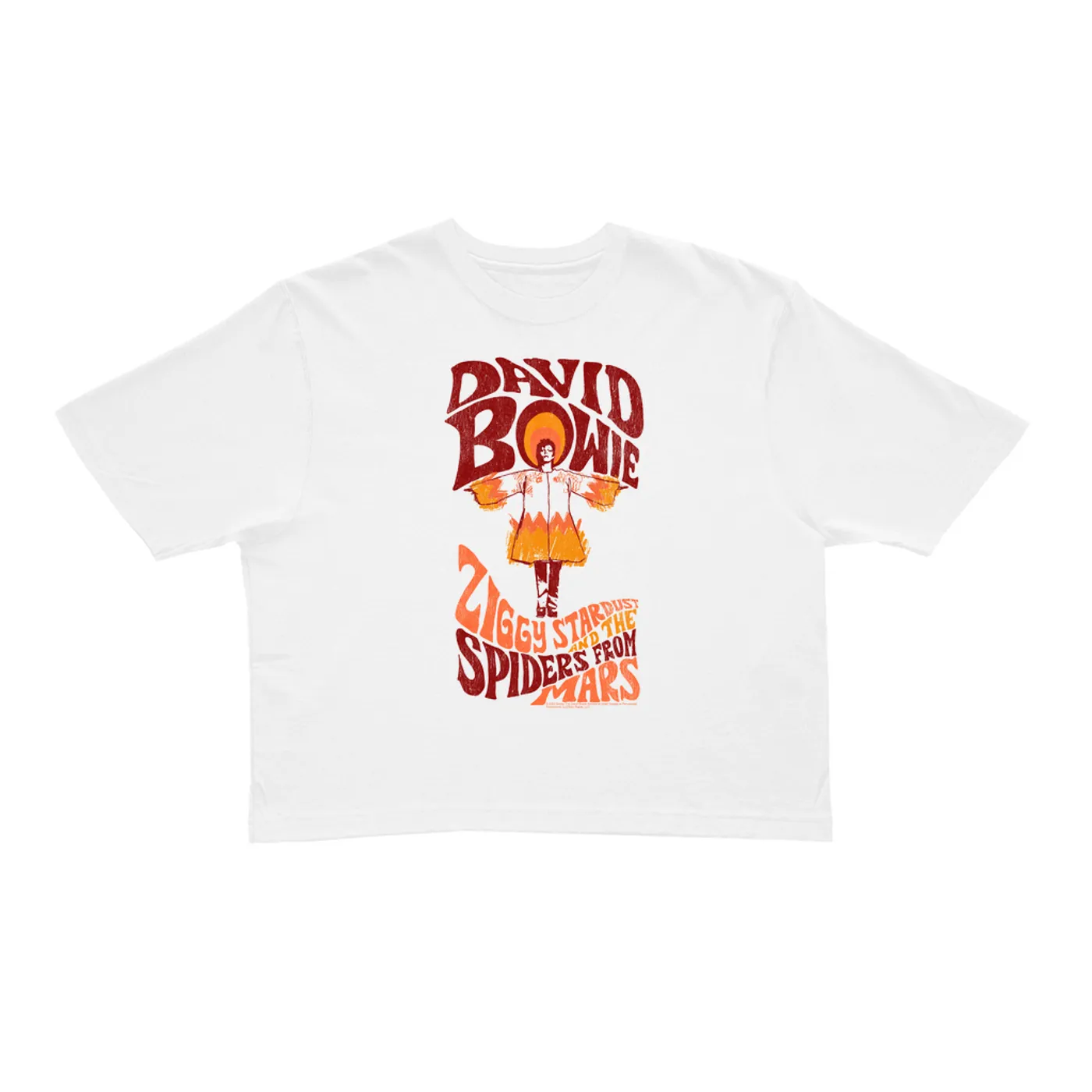 David Bowie Ladies' Crop Tee | Retro Orange Ziggy Stardust And The Spiders From Mars Distressed David Bowie Crop T-shirt