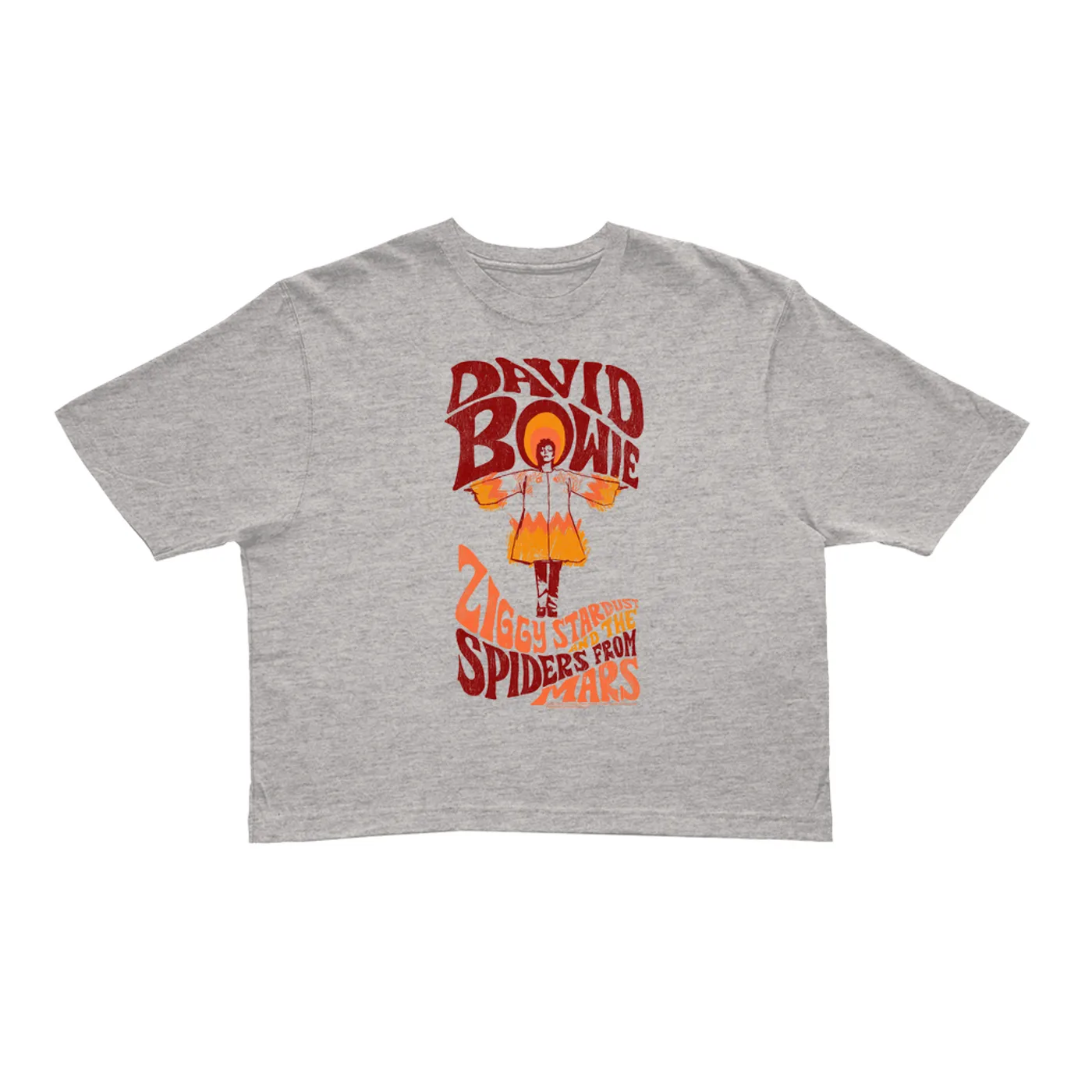 David Bowie Ladies' Crop Tee | Retro Orange Ziggy Stardust And The Spiders From Mars Distressed David Bowie Crop T-shirt