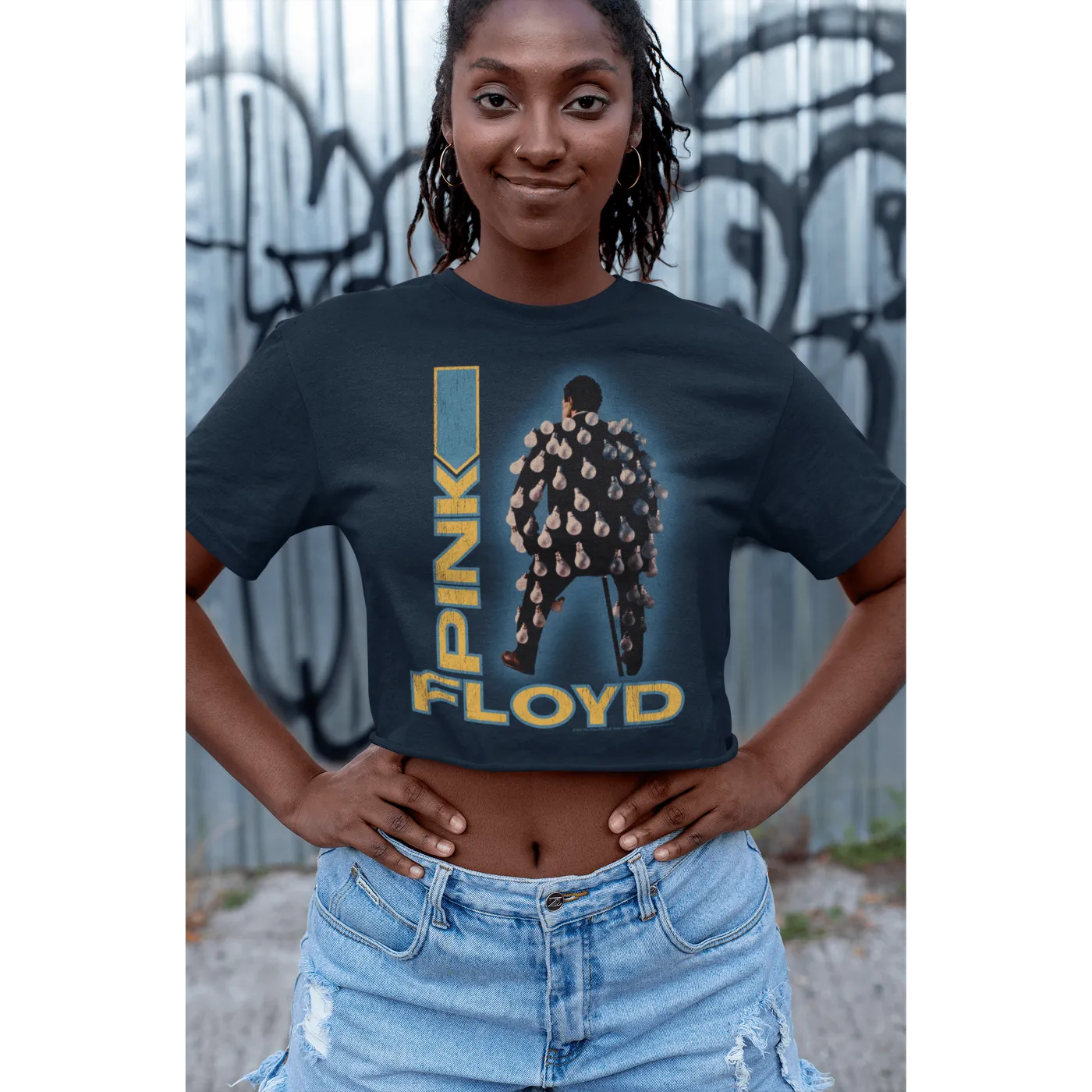Pink Floyd Ladies' Crop Tee | Delicate Sound Of Thunder Mr. Light Design Distressed Pink Floyd Crop T-shirt
