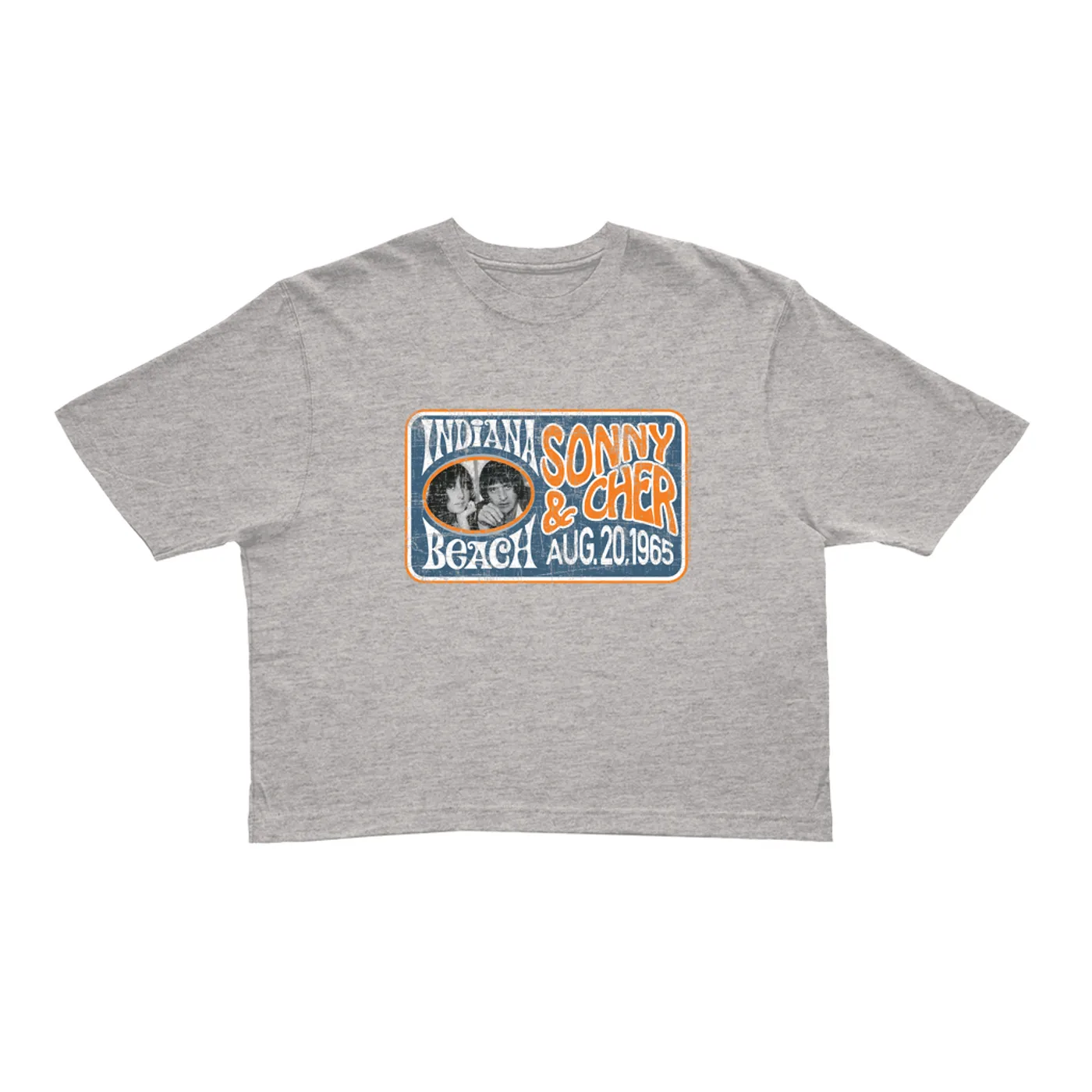 Sonny & Cher Ladies' Crop Tee | Indiana Beach Horizontal Concert Banner Distressed Sonny and Cher Crop T-shirt