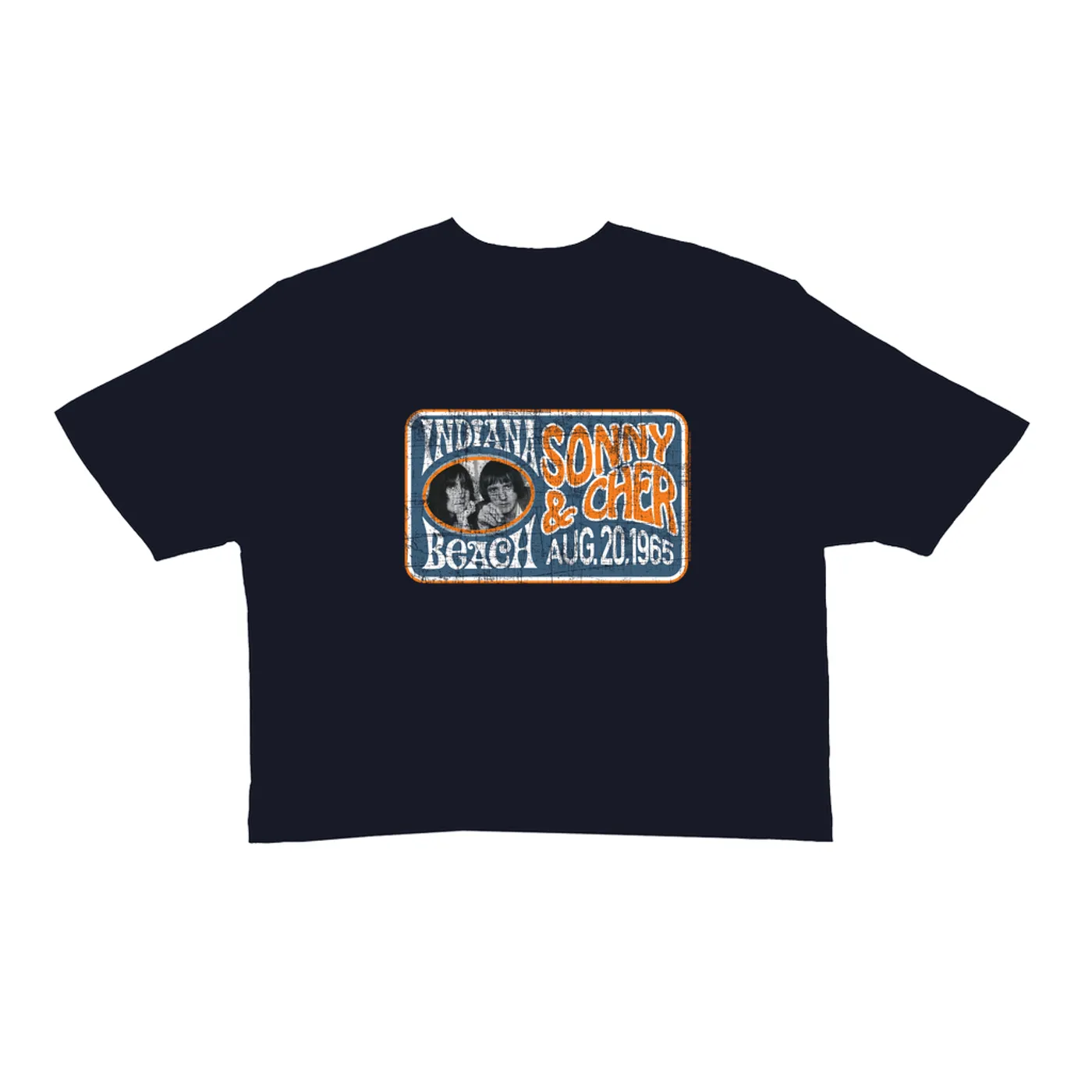 Sonny & Cher Ladies' Crop Tee | Indiana Beach Horizontal Concert Banner Distressed Sonny and Cher Crop T-shirt