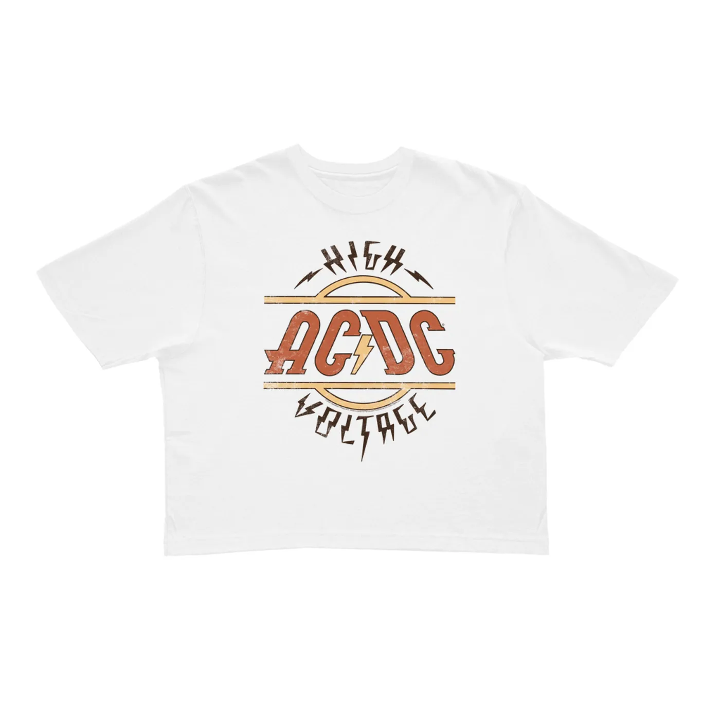 AC/DC Ladies' Crop Tee | Retro Colored High Voltage Design Distressed ACDC Crop T-shirt