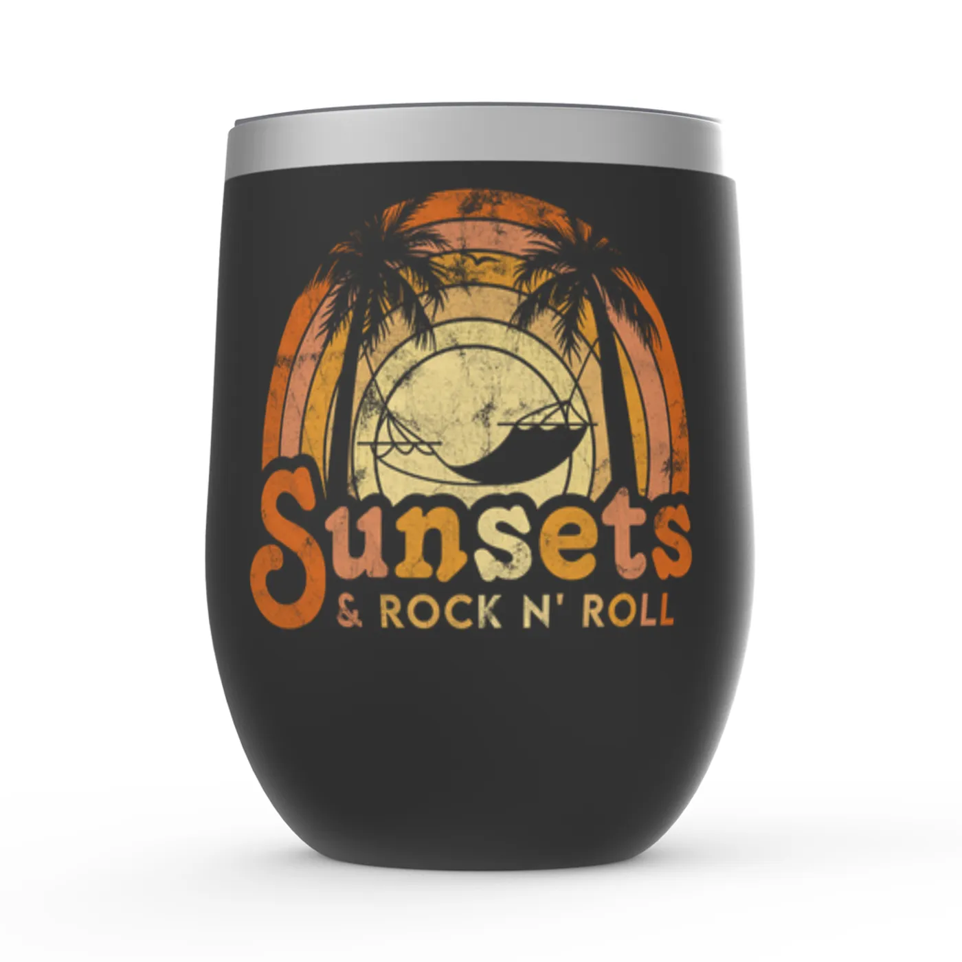 Music Life - Rock N’ Roll Merchbar Music Life Wine Tumbler | Sunsets & Rock n’ Roll Distressed Merchbar Music Life Stemless Wine Tumbler