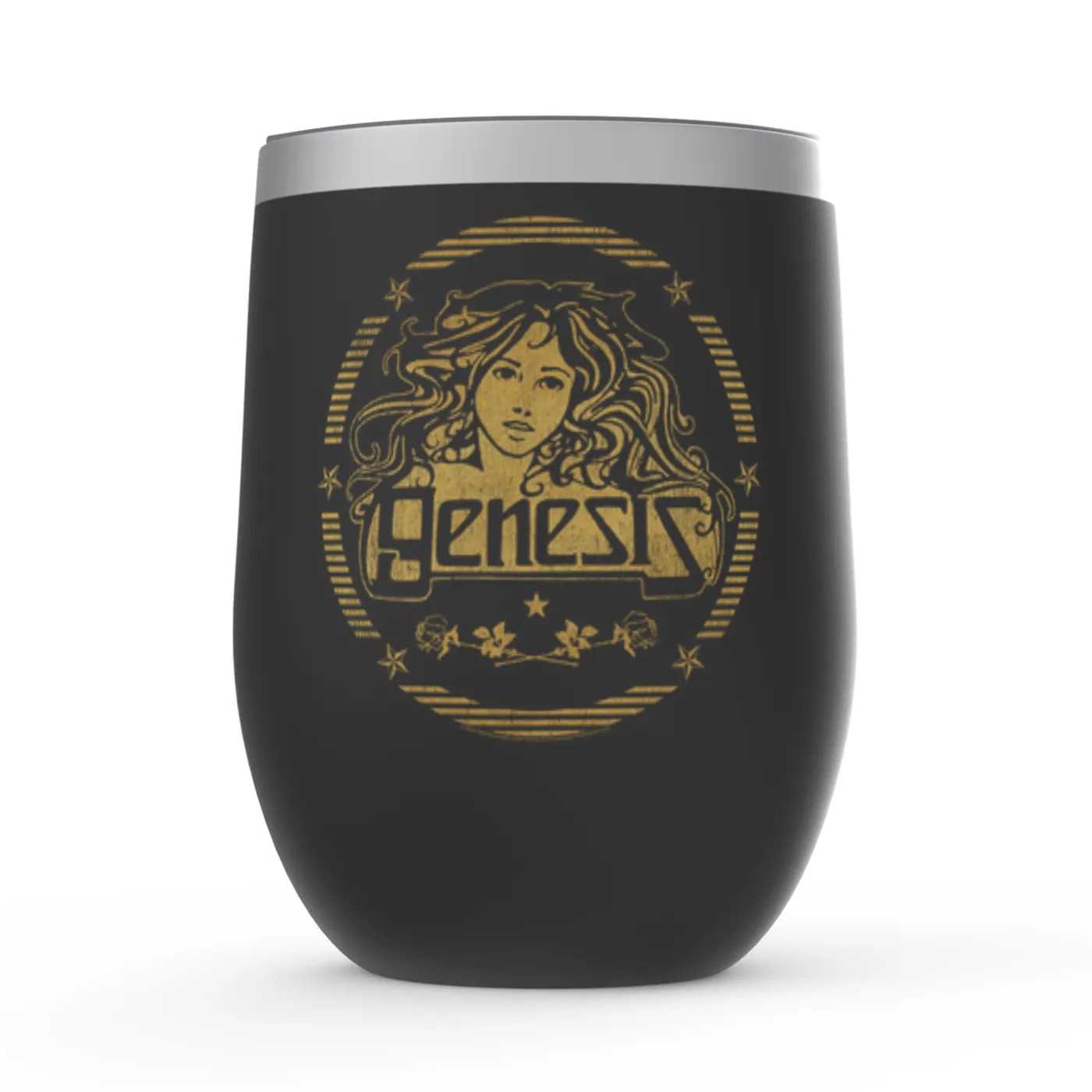 Genesis Wine Tumbler | Band Art Nouveau Gold Logo Genesis Stemless Wine Tumbler