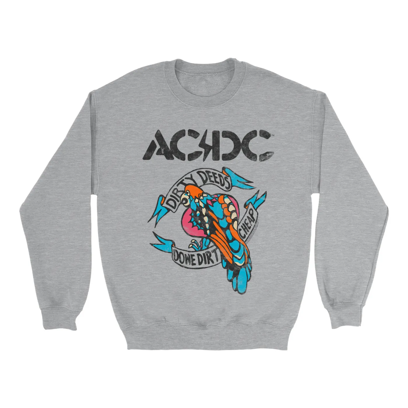 AC/DC Sweatshirt | Colorful Dirty Deeds Done Dirt Cheap Tattoo Distressed (Merchbar Exclusive) ACDC Sweatshirt