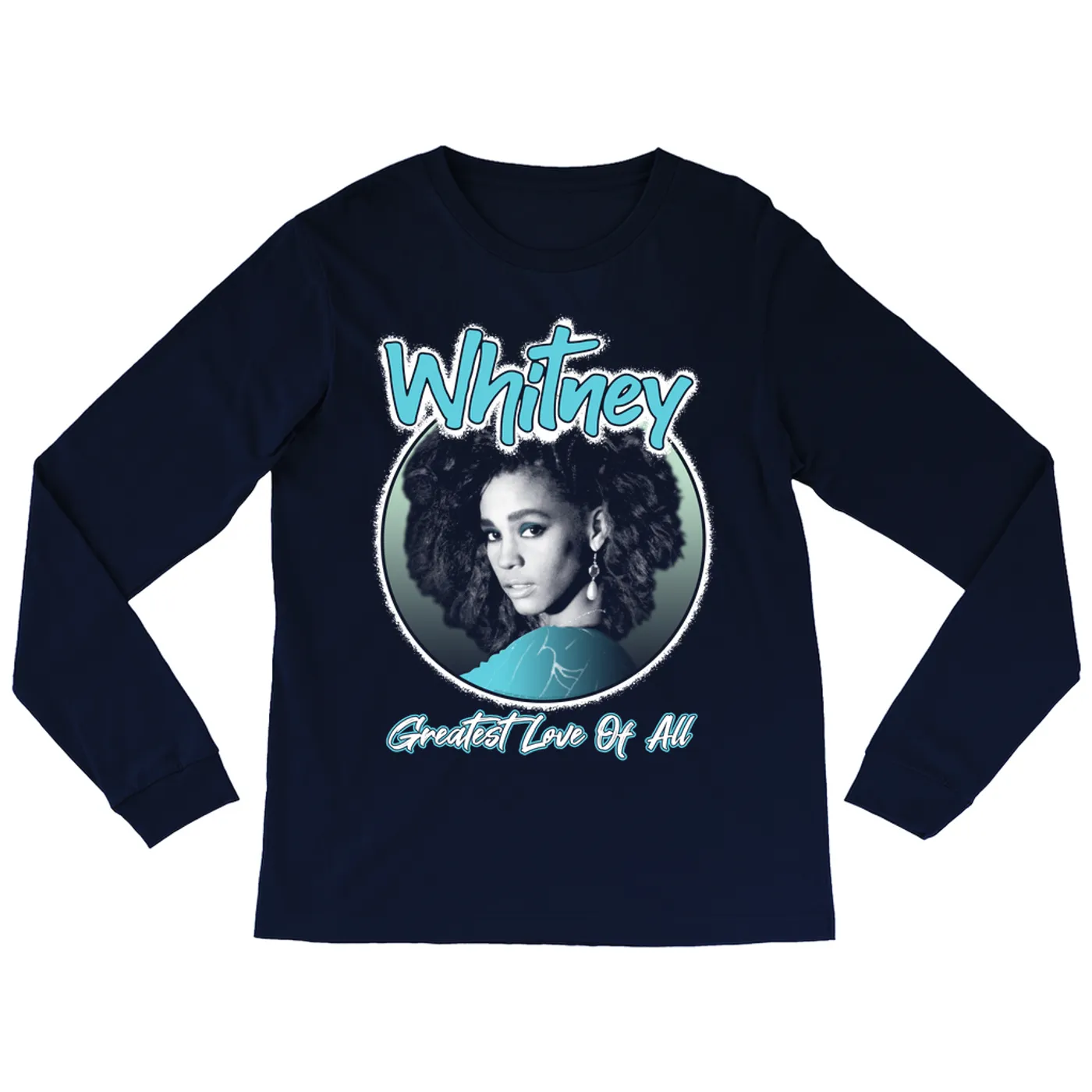 Whitney Houston Long Sleeve Shirt | Turquoise Greatest Love Of All Album Design (Merchbar Exclusive) Whitney Houston Shirt