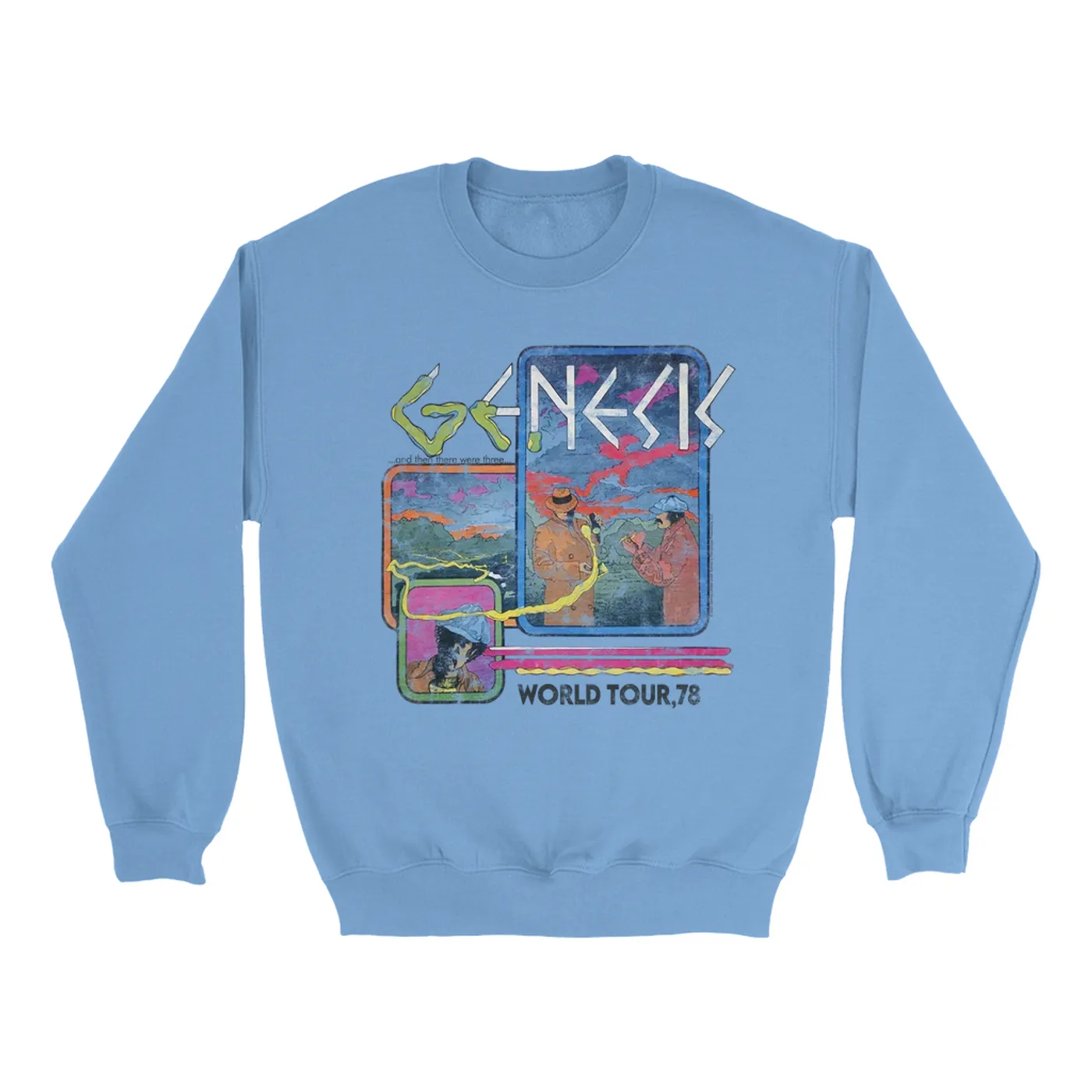 Genesis Bright Colored Sweatshirt | And Then There Were Three '78 World Tour Distressed Genesis Sweatshirt