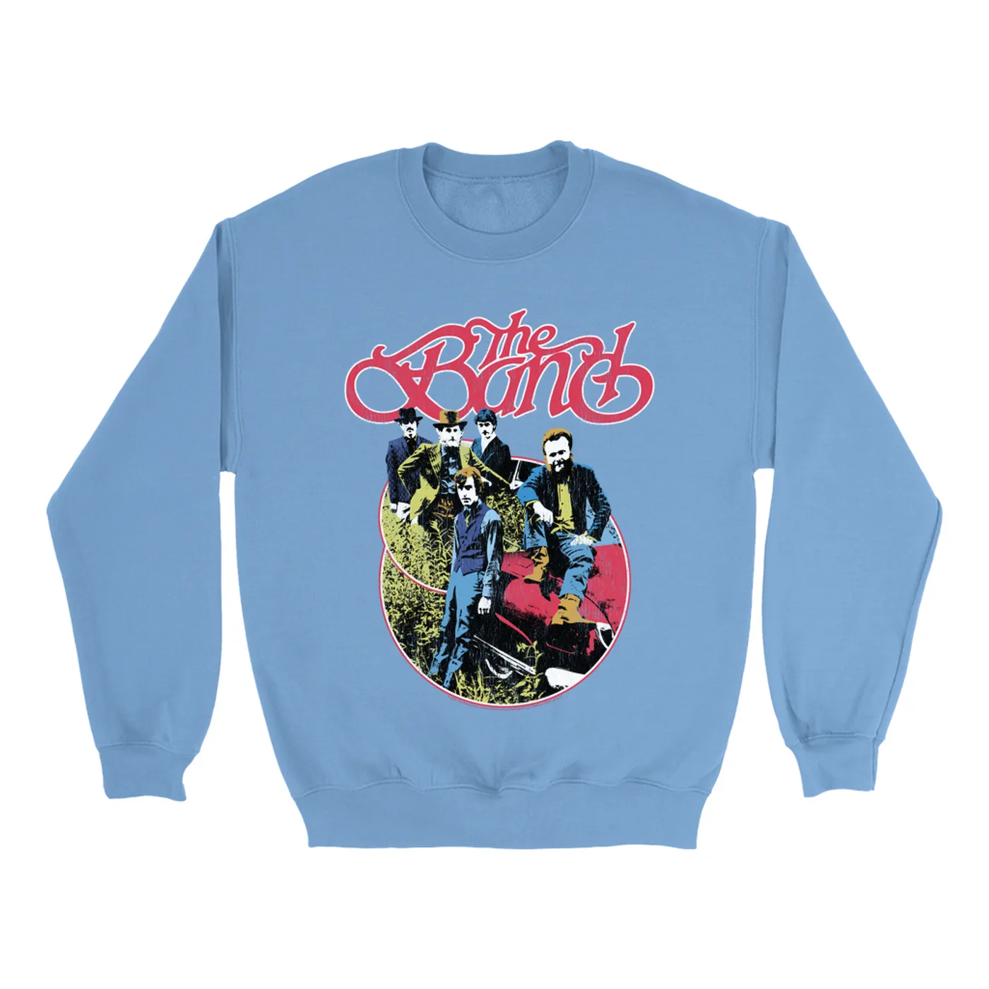 The Band Bright Colored Sweatshirt | Group Photo Car Design Distressed The Band Sweatshirt