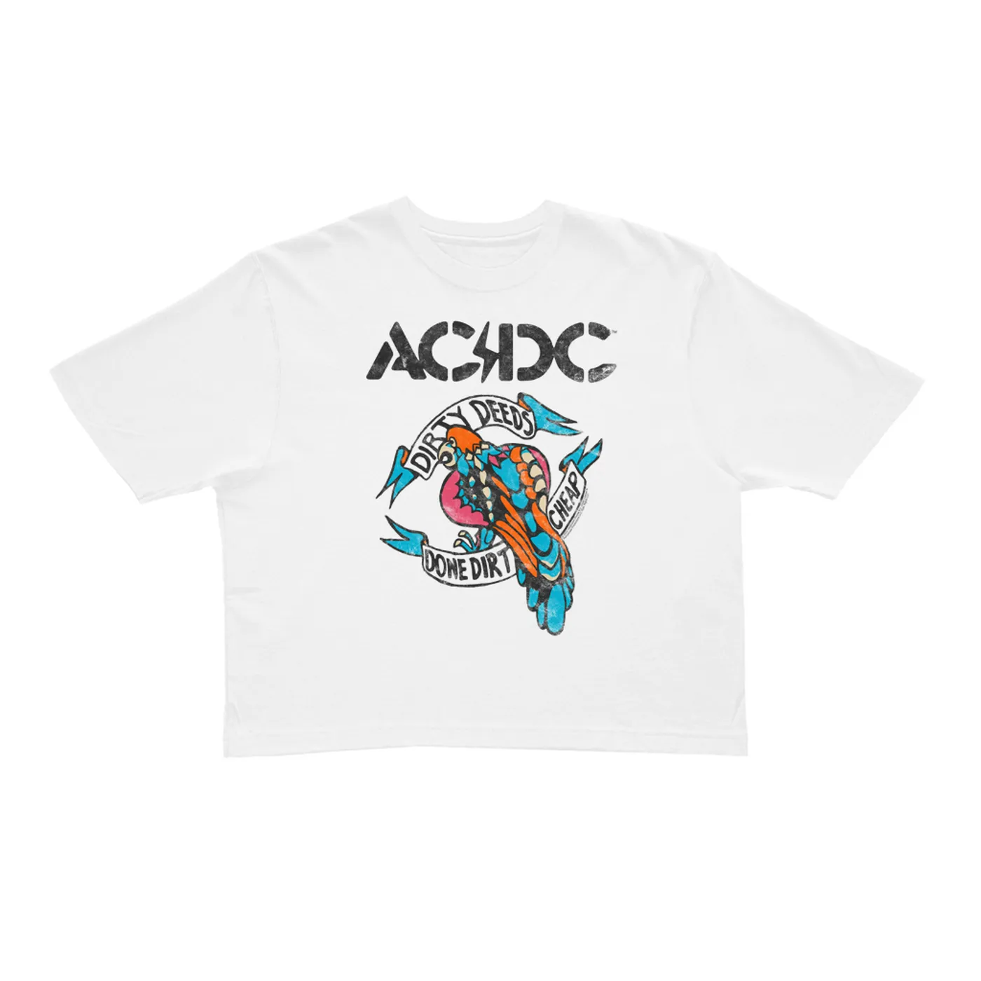 AC/DC Ladies' Crop Tee | Colorful Dirty Deeds Done Dirt Cheap Tattoo Distressed (Merchbar Exclusive) ACDC Crop T-shirt