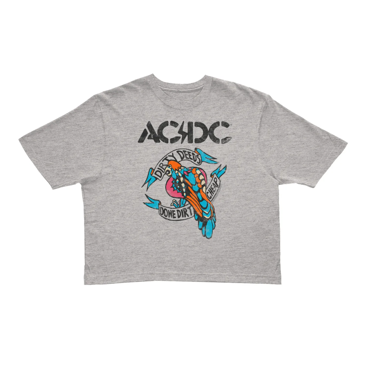 AC/DC Ladies' Crop Tee | Colorful Dirty Deeds Done Dirt Cheap Tattoo Distressed (Merchbar Exclusive) ACDC Crop T-shirt
