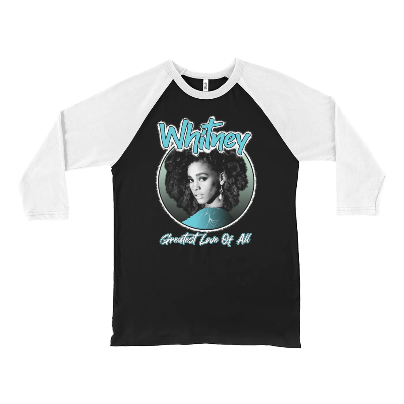 Whitney Houston 3/4 Sleeve Baseball Tee | Turquoise Greatest Love Of All Album Design (Merchbar Exclusive) Whitney Houston Shirt