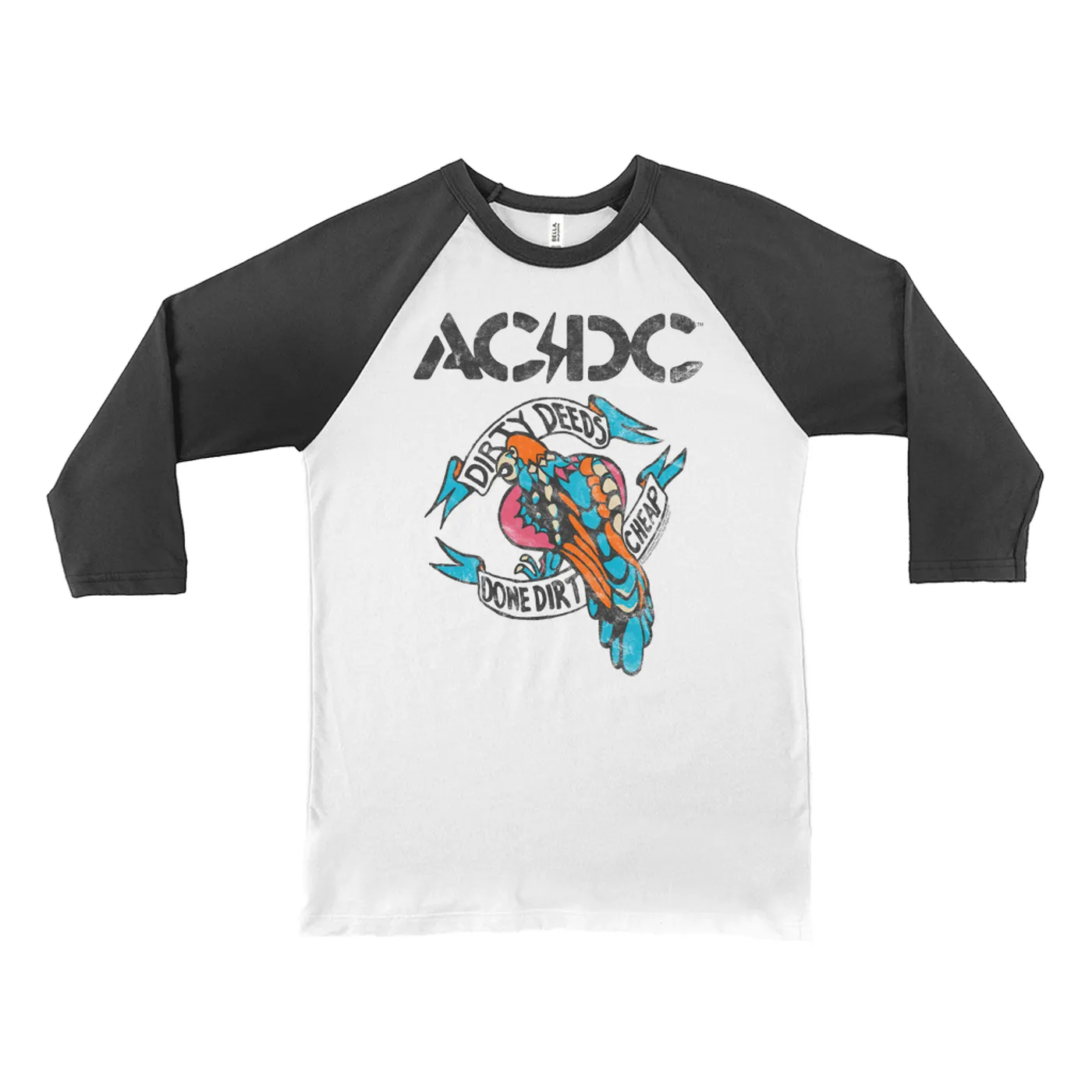 AC/DC 3/4 Sleeve Baseball Tee | Colorful Dirty Deeds Done Dirt Cheap Tattoo Distressed (Merchbar Exclusive) ACDC Shirt