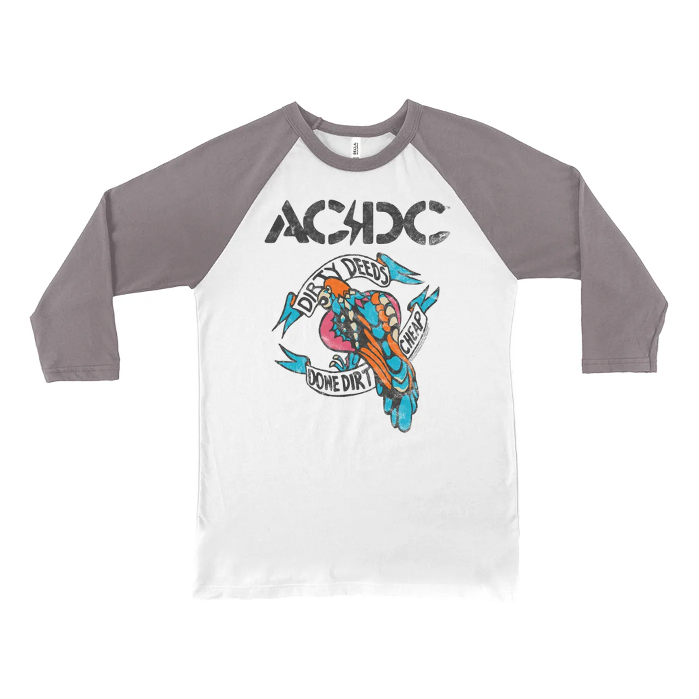 AC/DC 3/4 Sleeve Baseball Tee | Colorful Dirty Deeds Done Dirt Cheap Tattoo Distressed (Merchbar Exclusive) ACDC Shirt