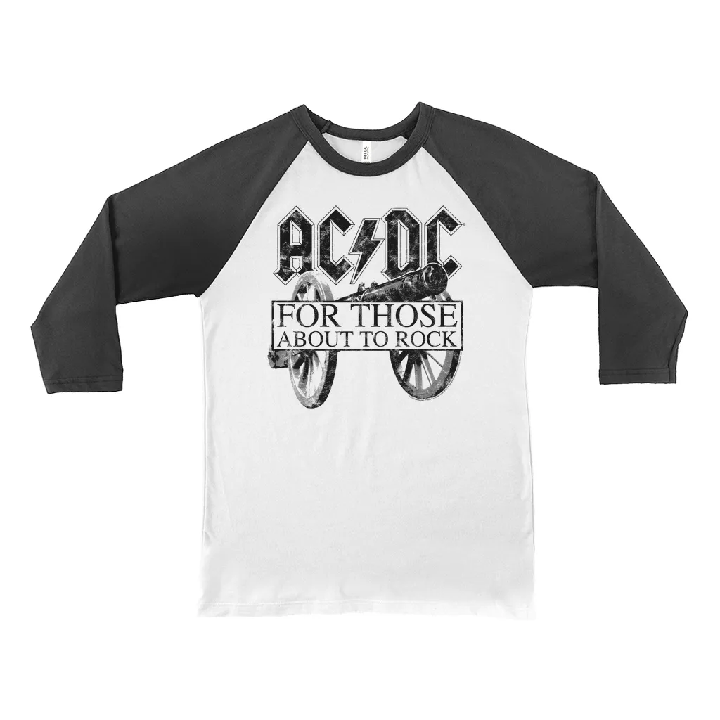 3/4 Sleeve Baseball Tee | For Those About To Rock Black Cannon Image Distressed Shirt