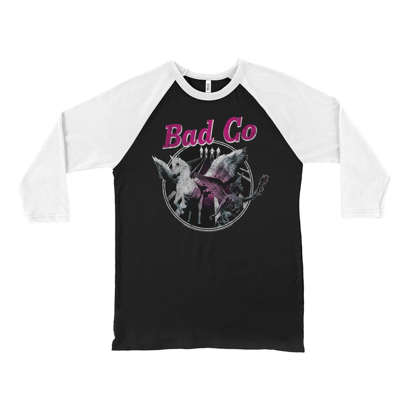 Bad Company 3/4 Sleeve Baseball Tee | In Space Pegasus Angel Distressed Bad Company Shirt